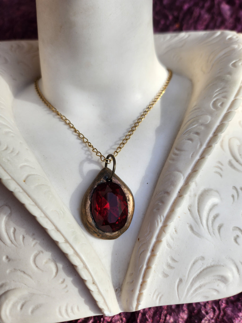 Handmade Bronze Pendant with Deep Red Crystal