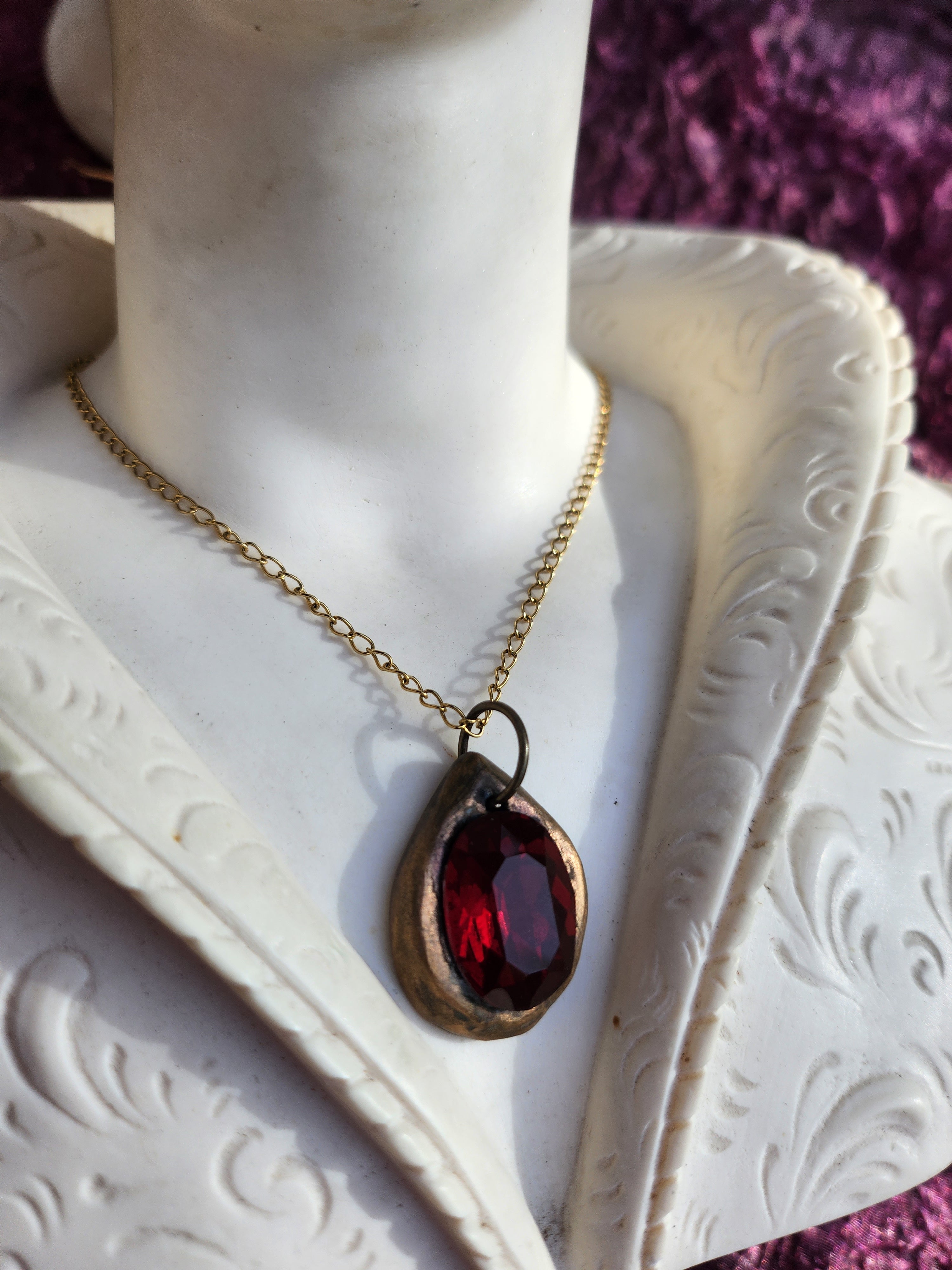 Handmade Bronze Pendant with Deep Red Crystal