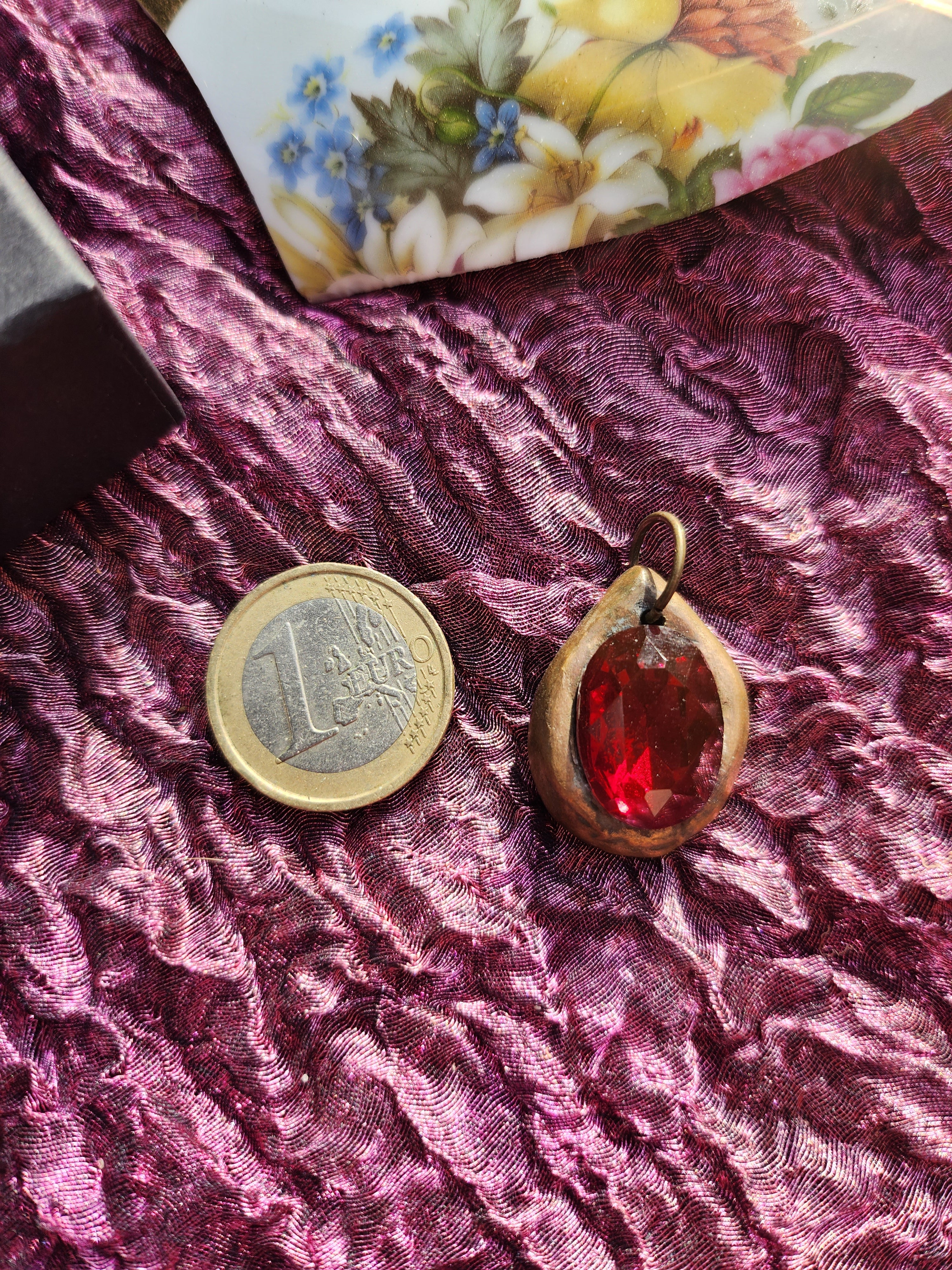 Handmade Bronze Pendant with Deep Red Crystal