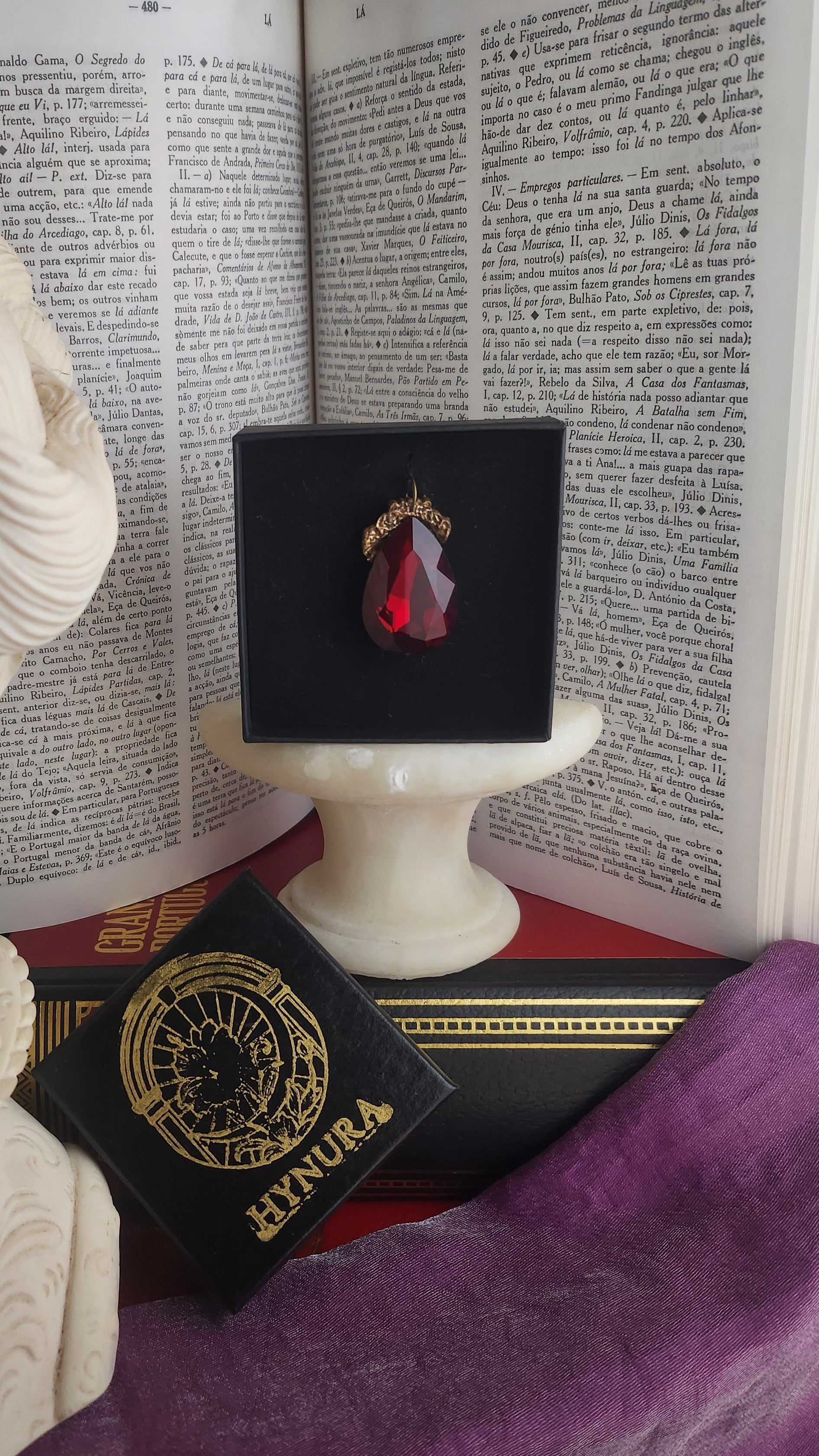 Mystic Baroque Collection – Handmade Bronze Pendant with Deep Red Teardrop Crystal