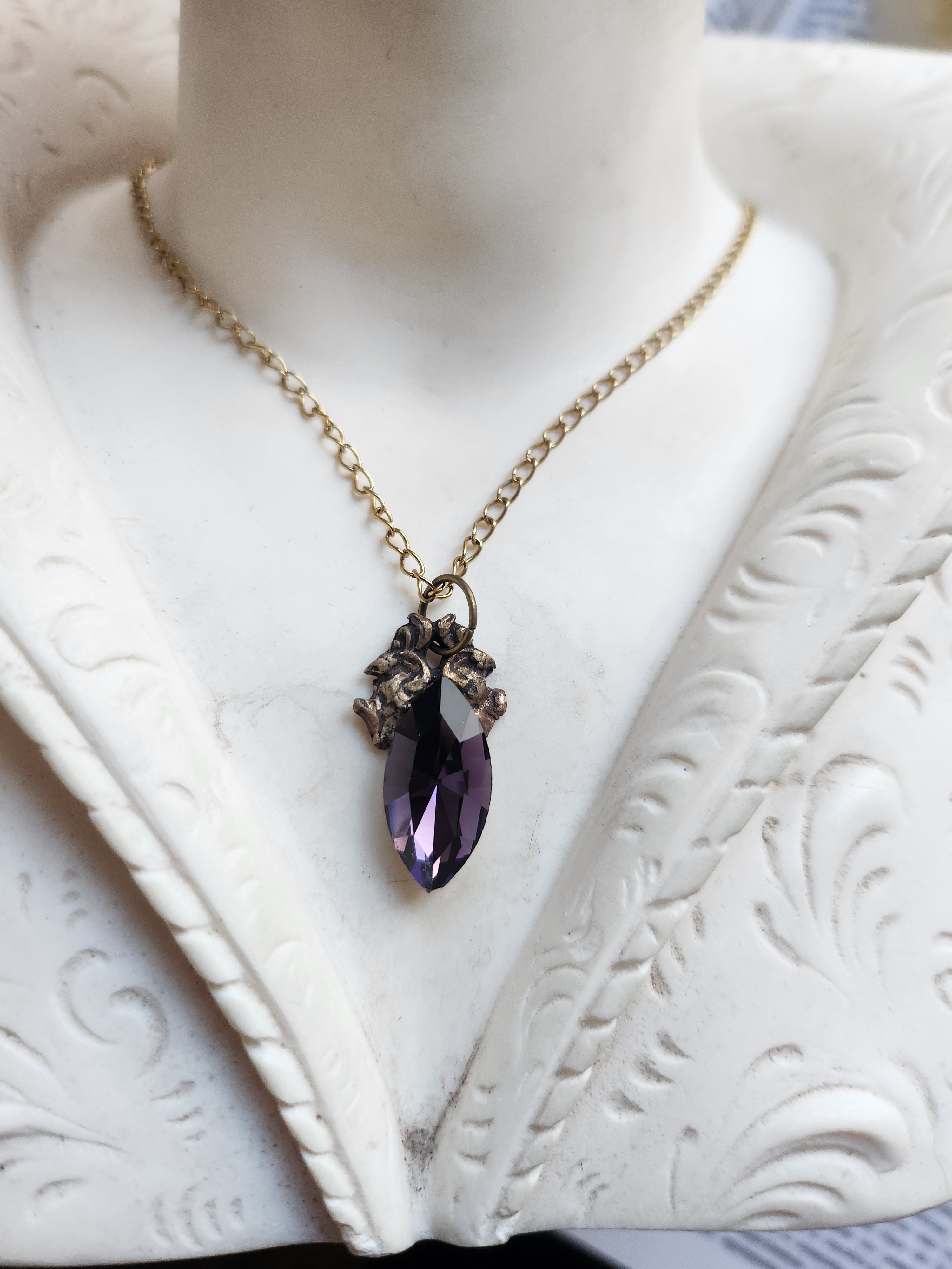 Arcane Resonance Collection – Handmade Bronze Pendant with Purple Navette Crystal