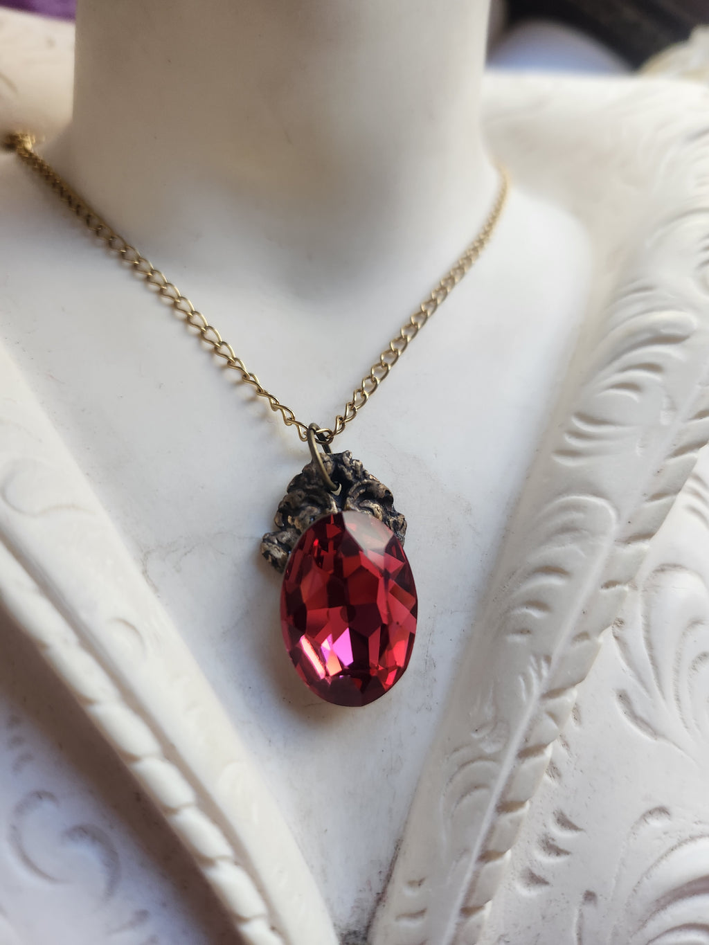 Arcane Resonance Collection – Small Handmade Bronze Pendant with Light Red Oval Crystal