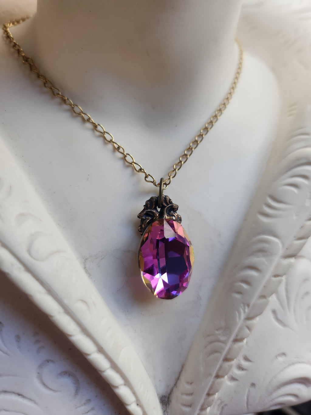 Arcane Resonance Collection – Small Handmade Bronze Pendant with Fuchsia and Amber Oval Crystal
