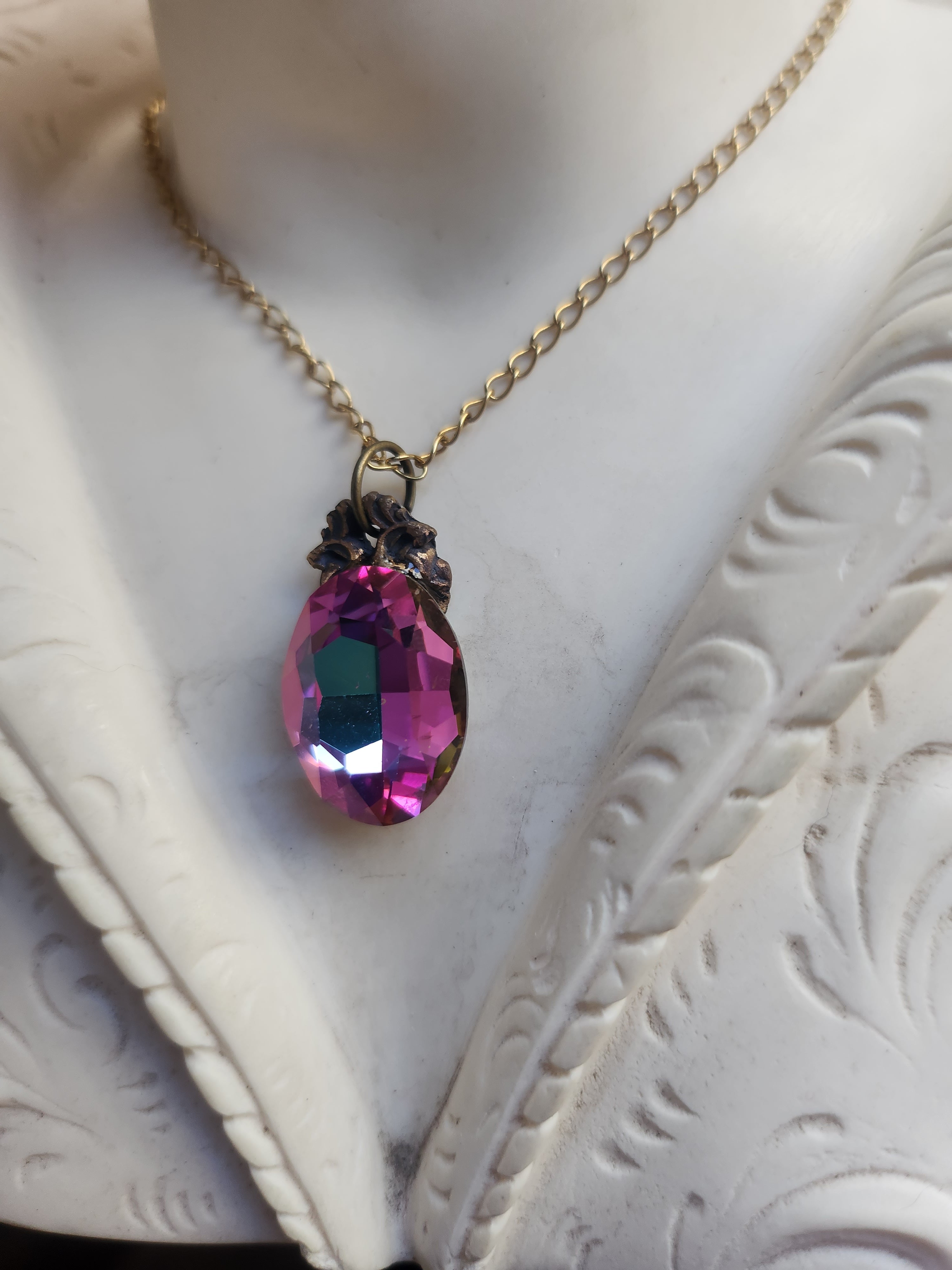 Arcane Resonance Collection – Small Handmade Bronze Pendant with Fuchsia and Amber Oval Crystal