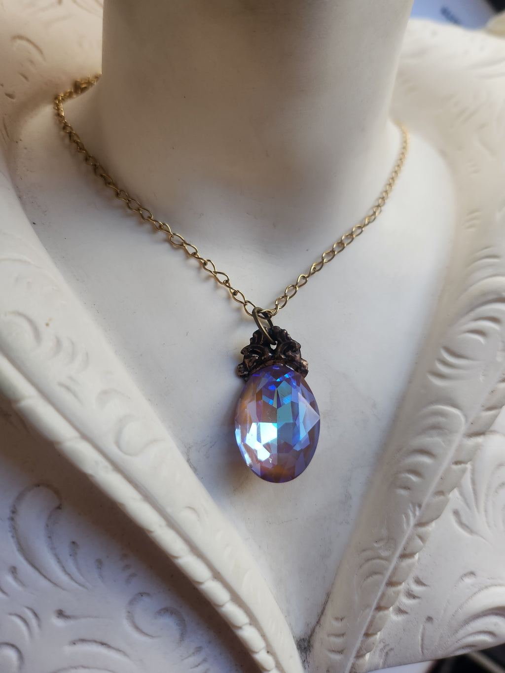 Arcane Resonance Collection – Small Handmade Bronze Pendant with Iridescent Oval Crystal