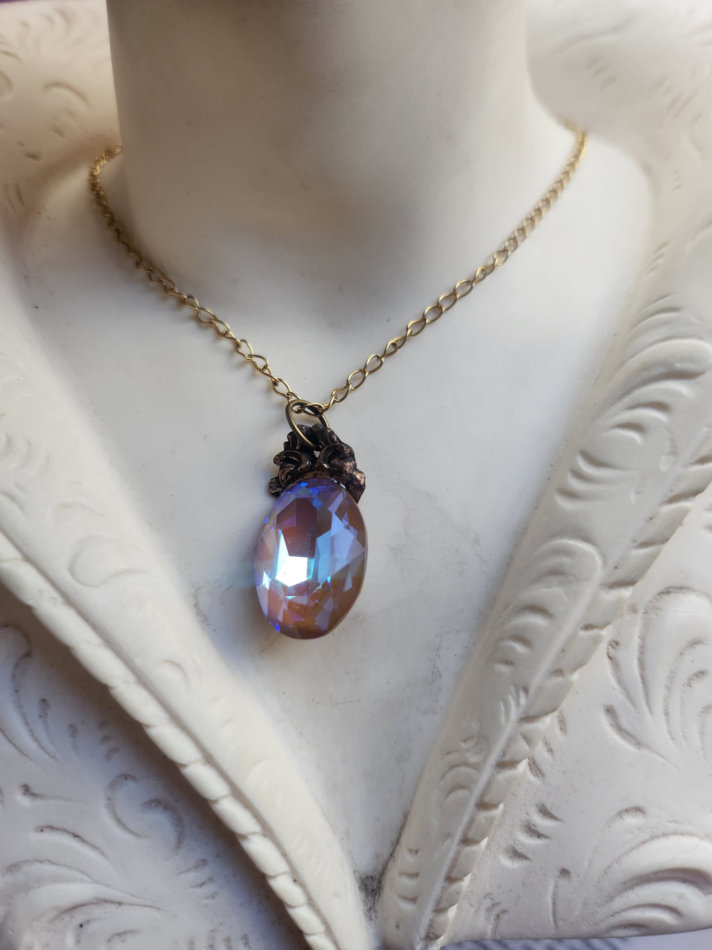 Arcane Resonance Collection – Small Handmade Bronze Pendant with Iridescent Oval Crystal