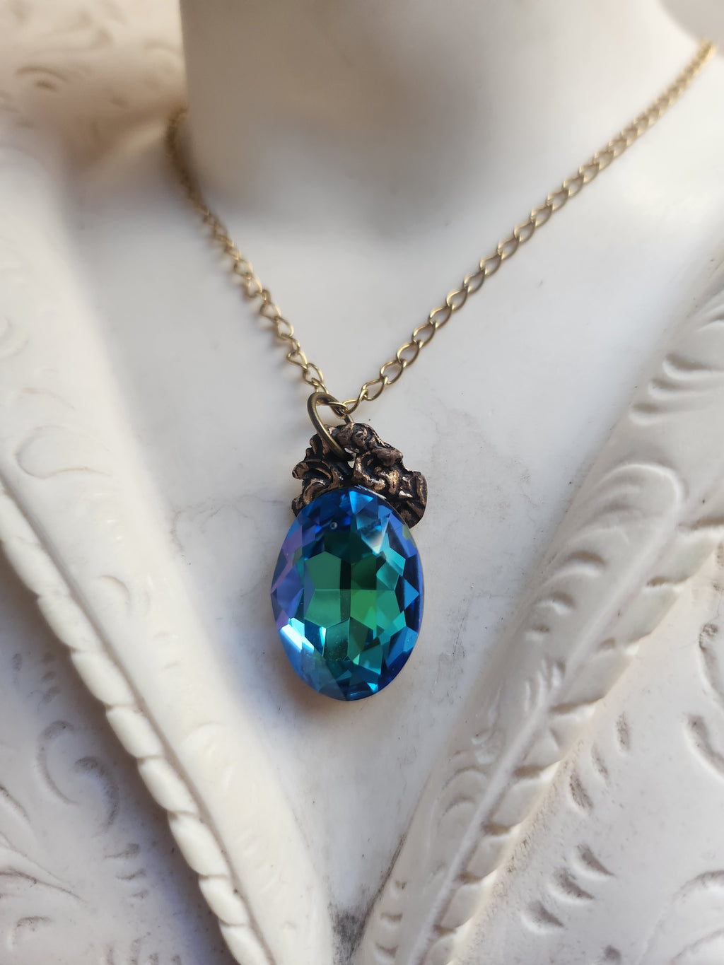Arcane Resonance Collection – Small Handmade Bronze Pendant with Blue and Green Oval Crystal