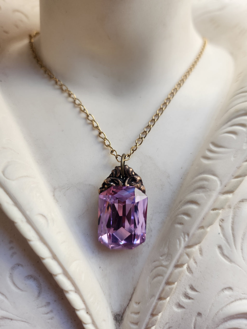 Arcane Resonance Collection – Handmade Bronze Pendant with Lavender Pink Octagon Crystal
