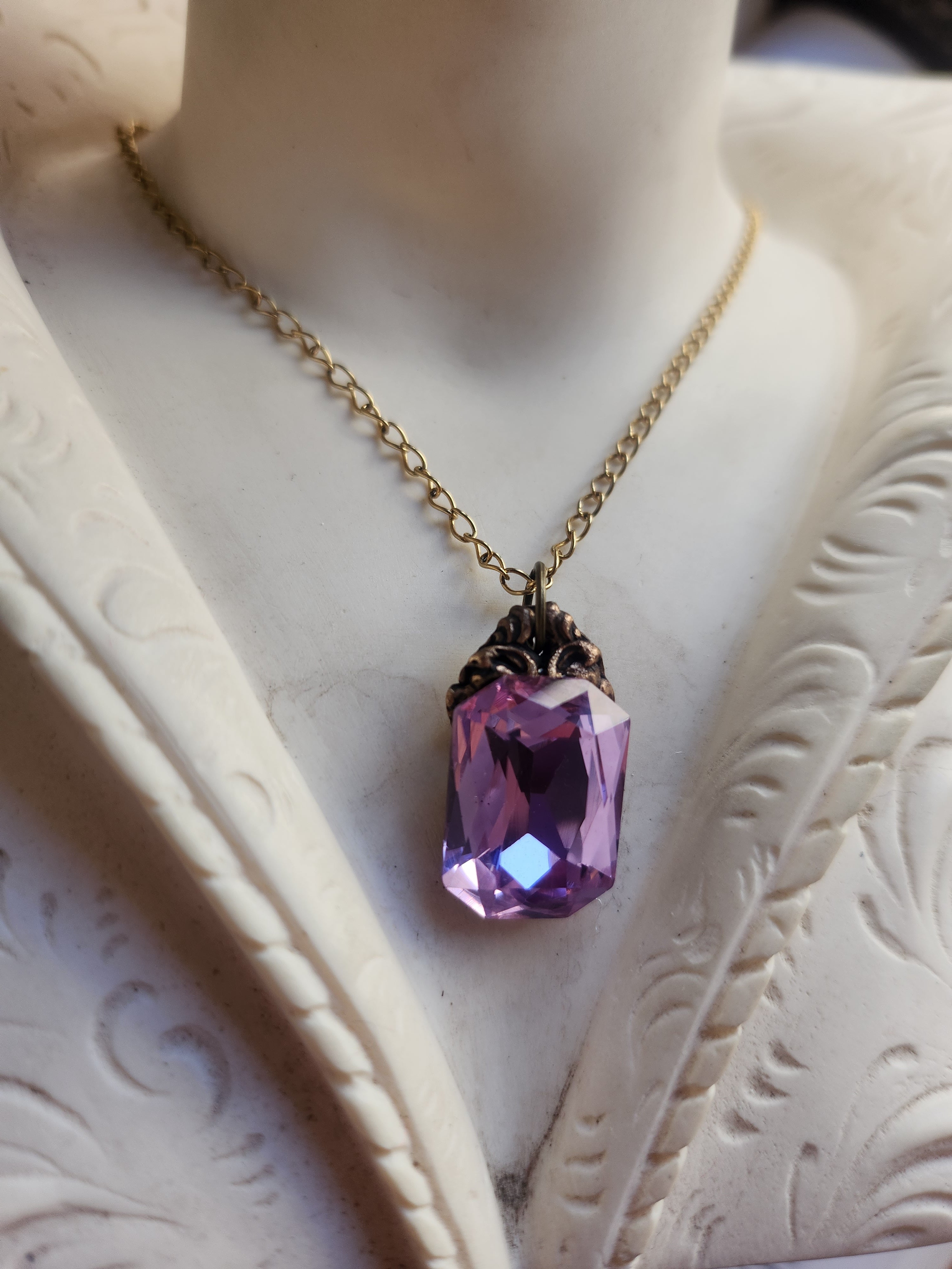 Arcane Resonance Collection – Handmade Bronze Pendant with Lavender Pink Octagon Crystal