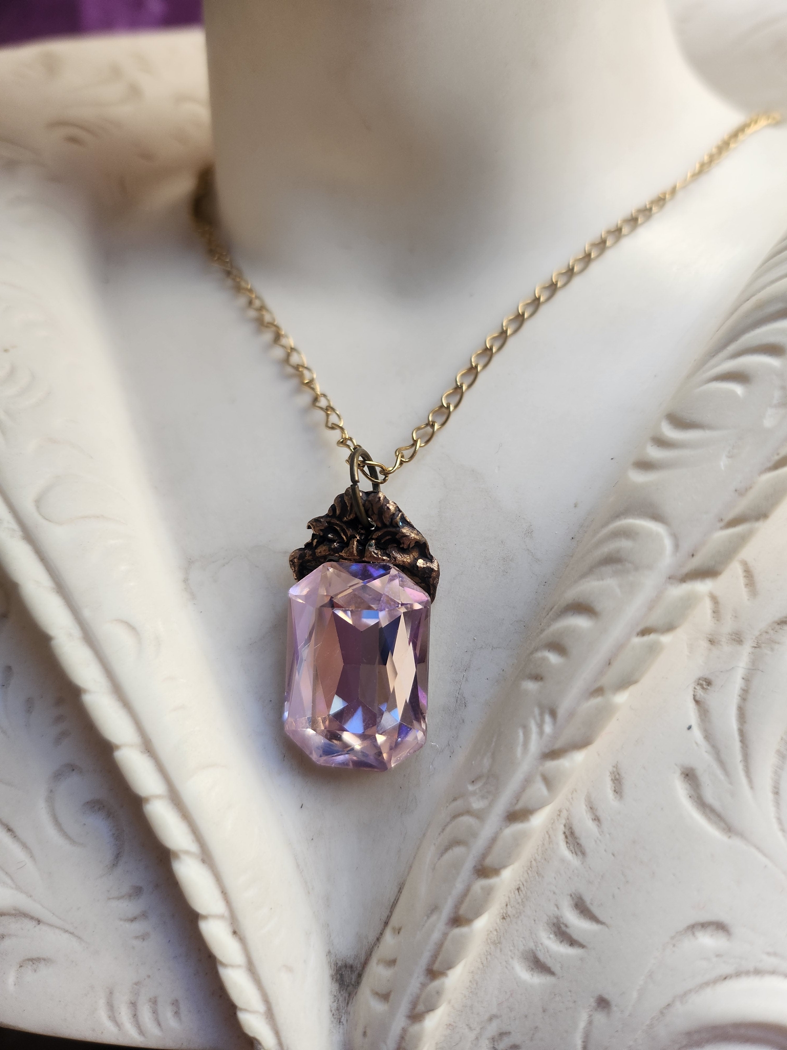 Arcane Resonance Collection – Handmade Bronze Pendant with Light Pink Octagon Crystal