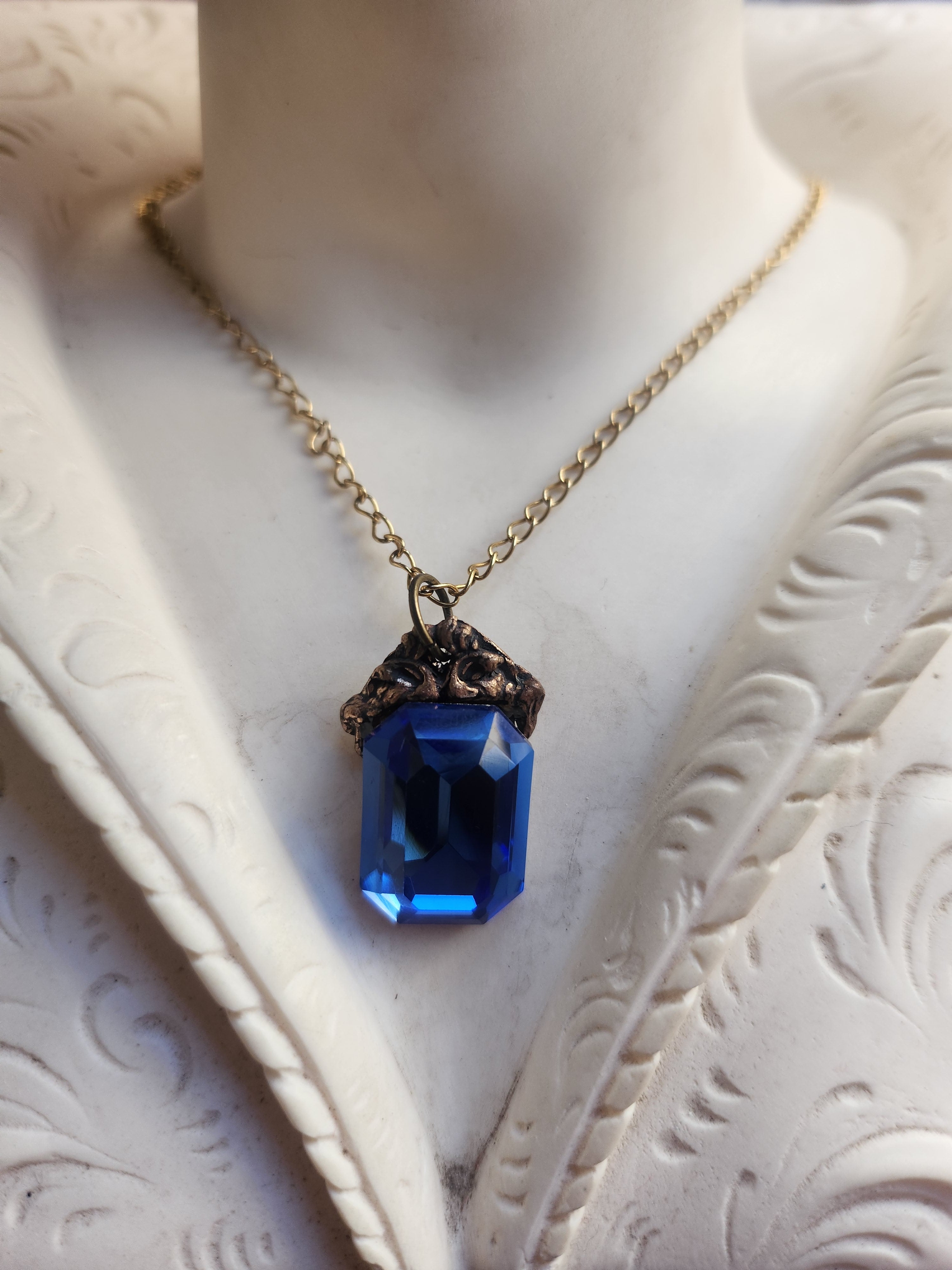 Arcane Resonance Collection – Handmade Bronze Pendant with Blue Octagon Crystal