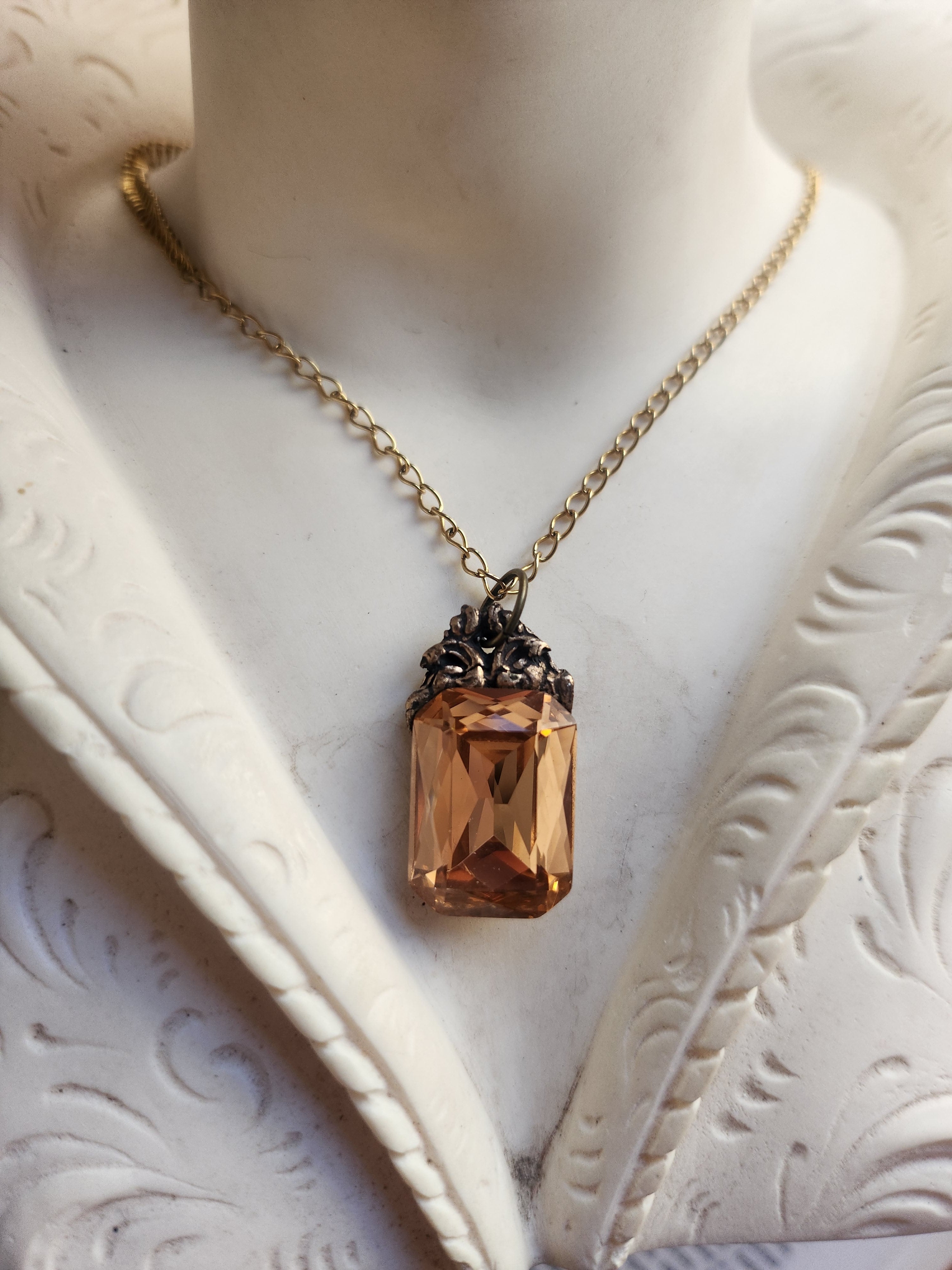 Arcane Resonance Collection – Handmade Bronze Pendant with Soft Amber Octagon Crystal