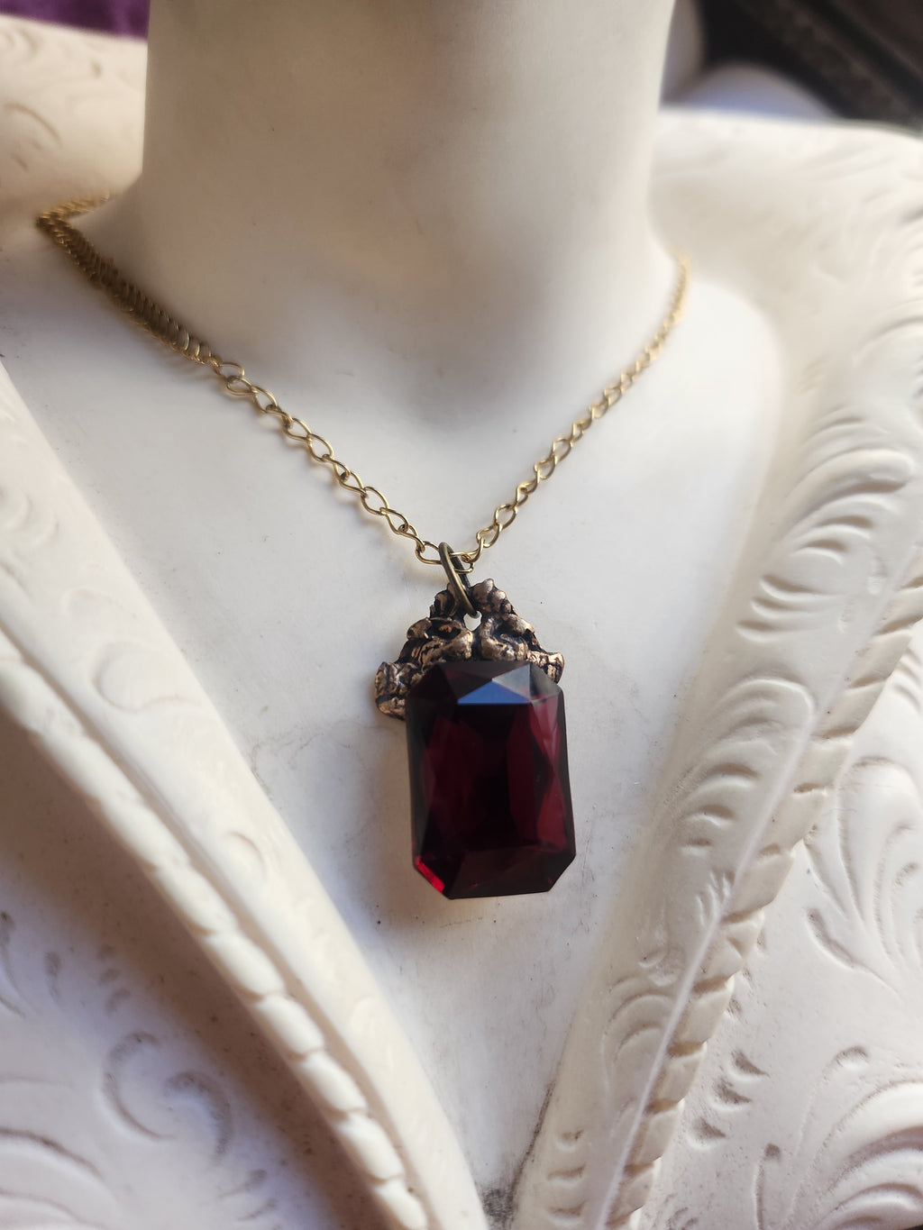 Arcane Resonance Collection – Handmade Bronze Pendant with Deep Red Octagon Crystal