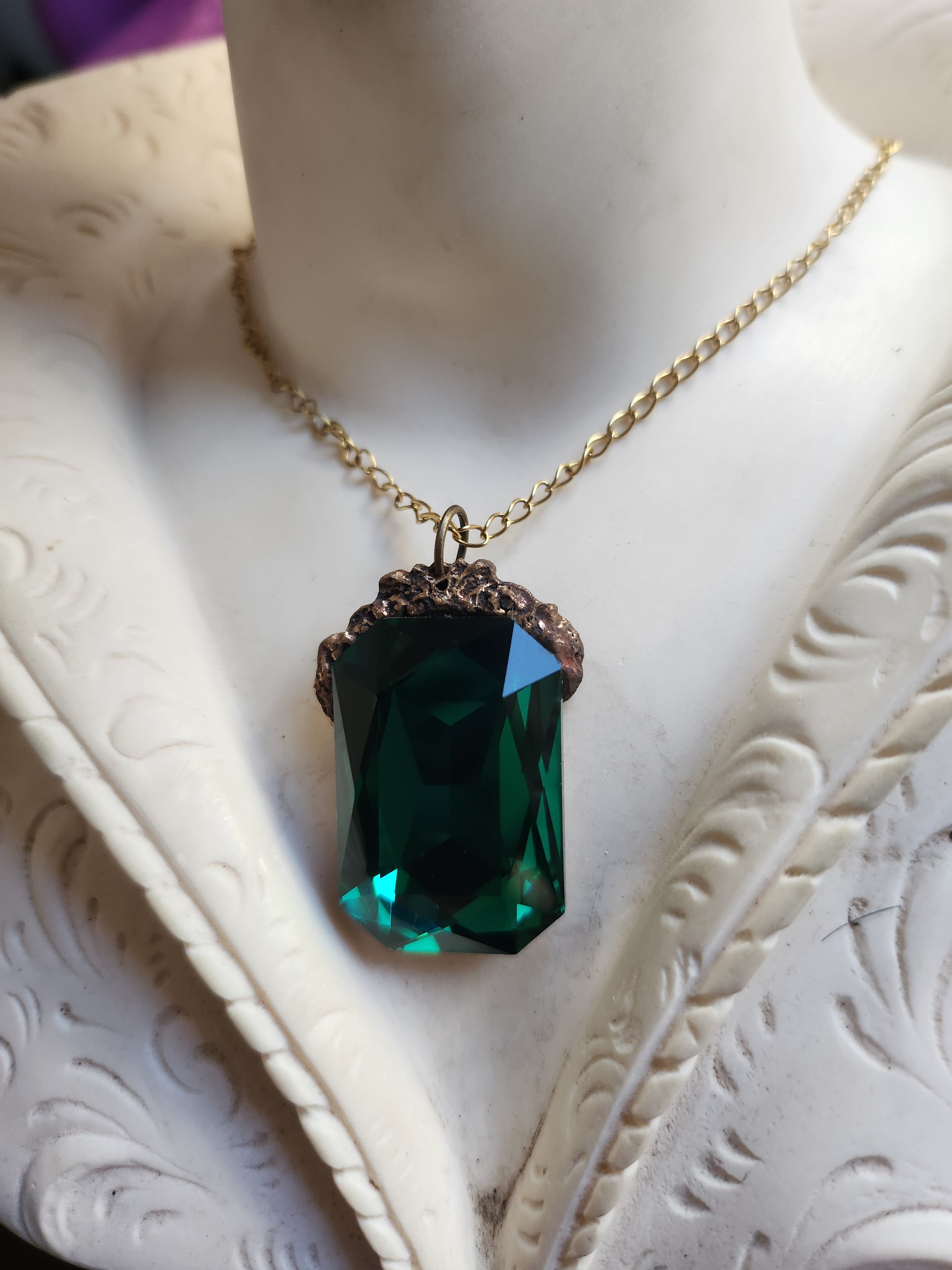 Mystic Baroque Collection – Handmade Bronze Pendant with Emerald Green Octagon Crystal