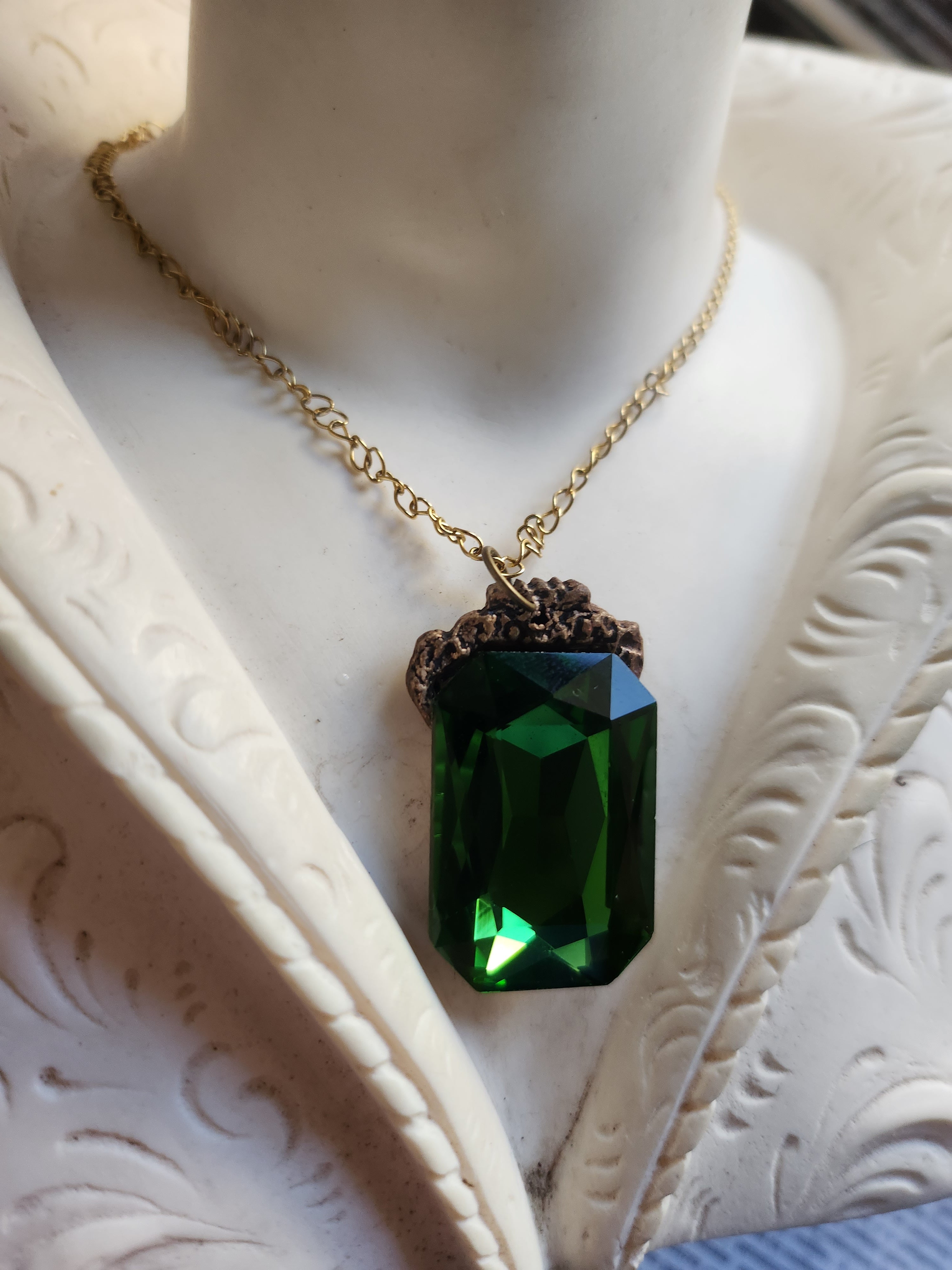 Mystic Baroque Collection – Handmade Bronze Pendant with Green Octagon Crystal