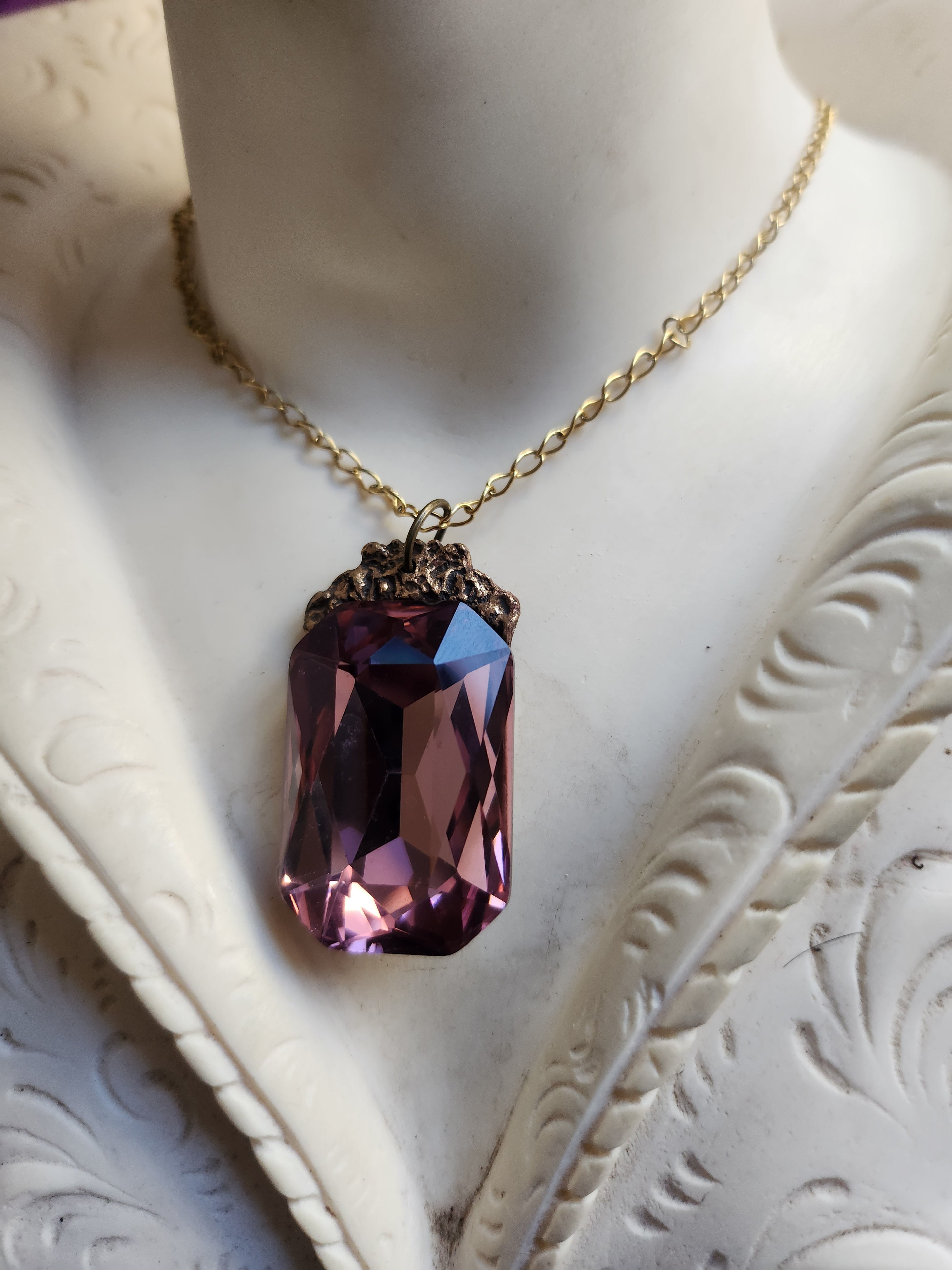 Mystic Baroque Collection – Handmade Bronze Pendant with Dusty Rose Octagon Crystal