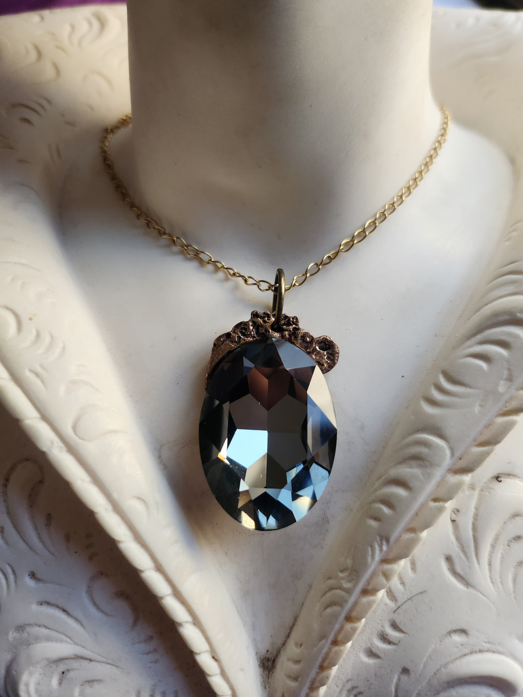 Mystic Baroque Collection – Handmade Bronze Pendant with Gray Oval Crystal