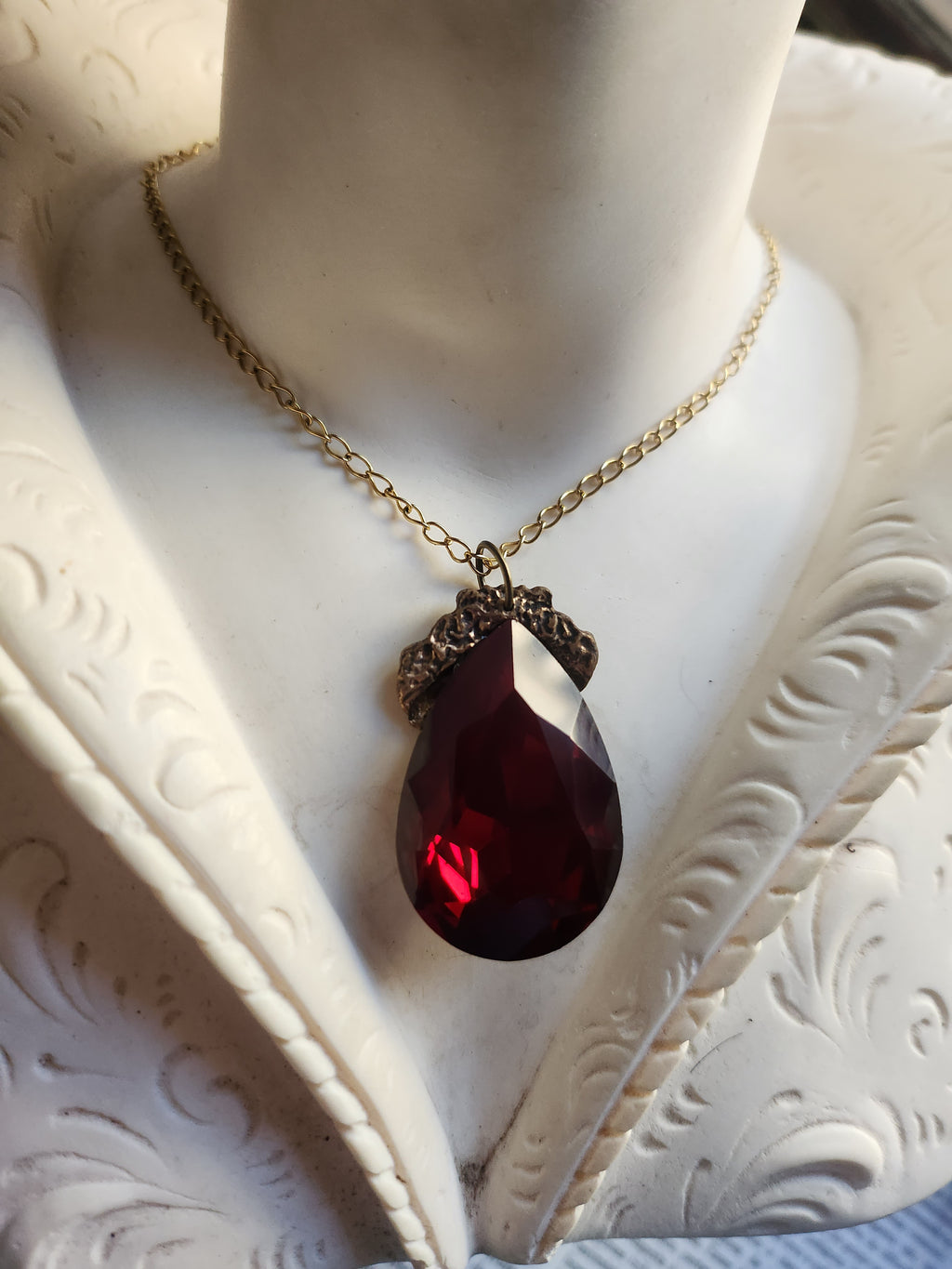 Mystic Baroque Collection – Handmade Bronze Pendant with Deep Red Teardrop Crystal