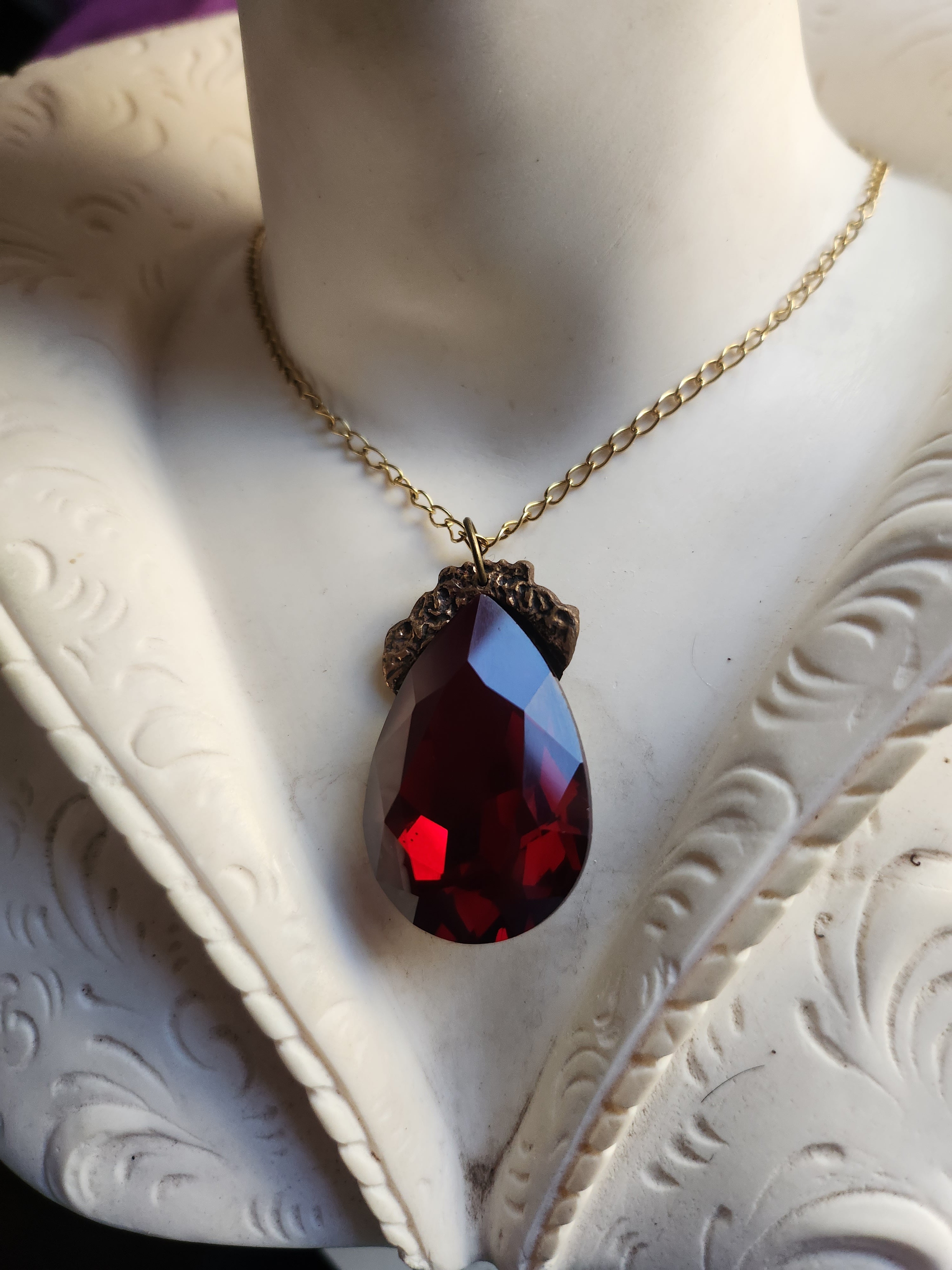 Mystic Baroque Collection – Handmade Bronze Pendant with Deep Red Teardrop Crystal
