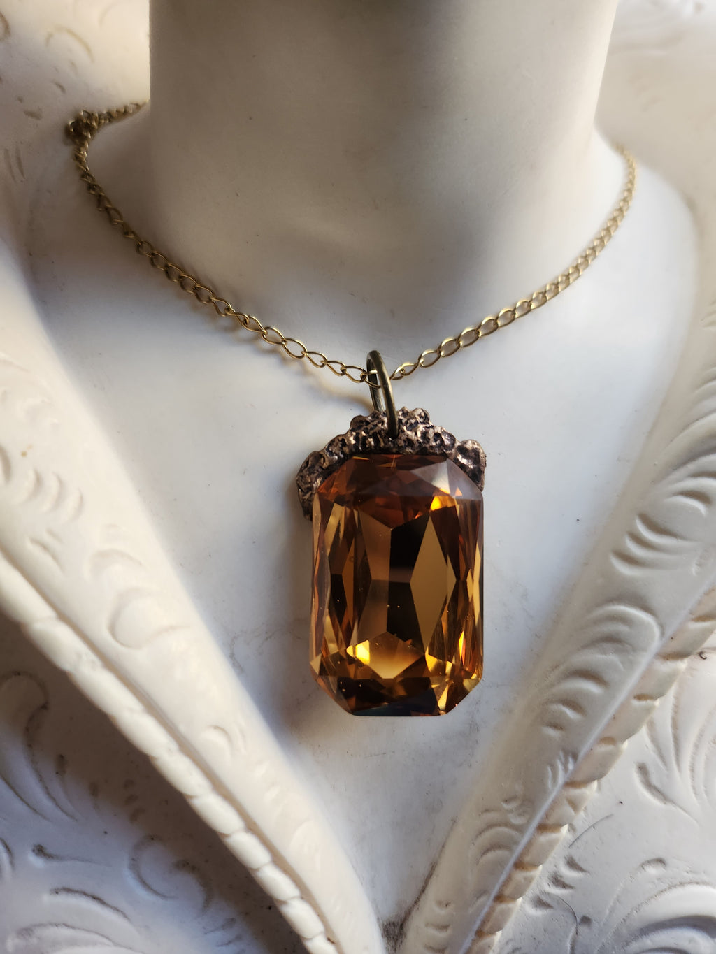 Mystic Baroque Collection – Handmade Bronze Pendant with Golden Octagon Crystal