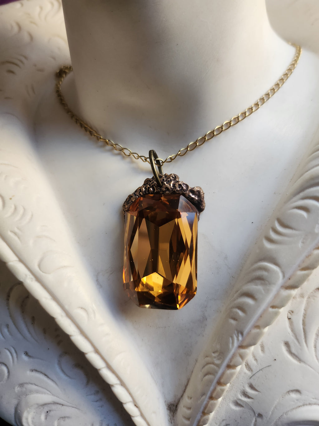 Mystic Baroque Collection – Handmade Bronze Pendant with Golden Octagon Crystal