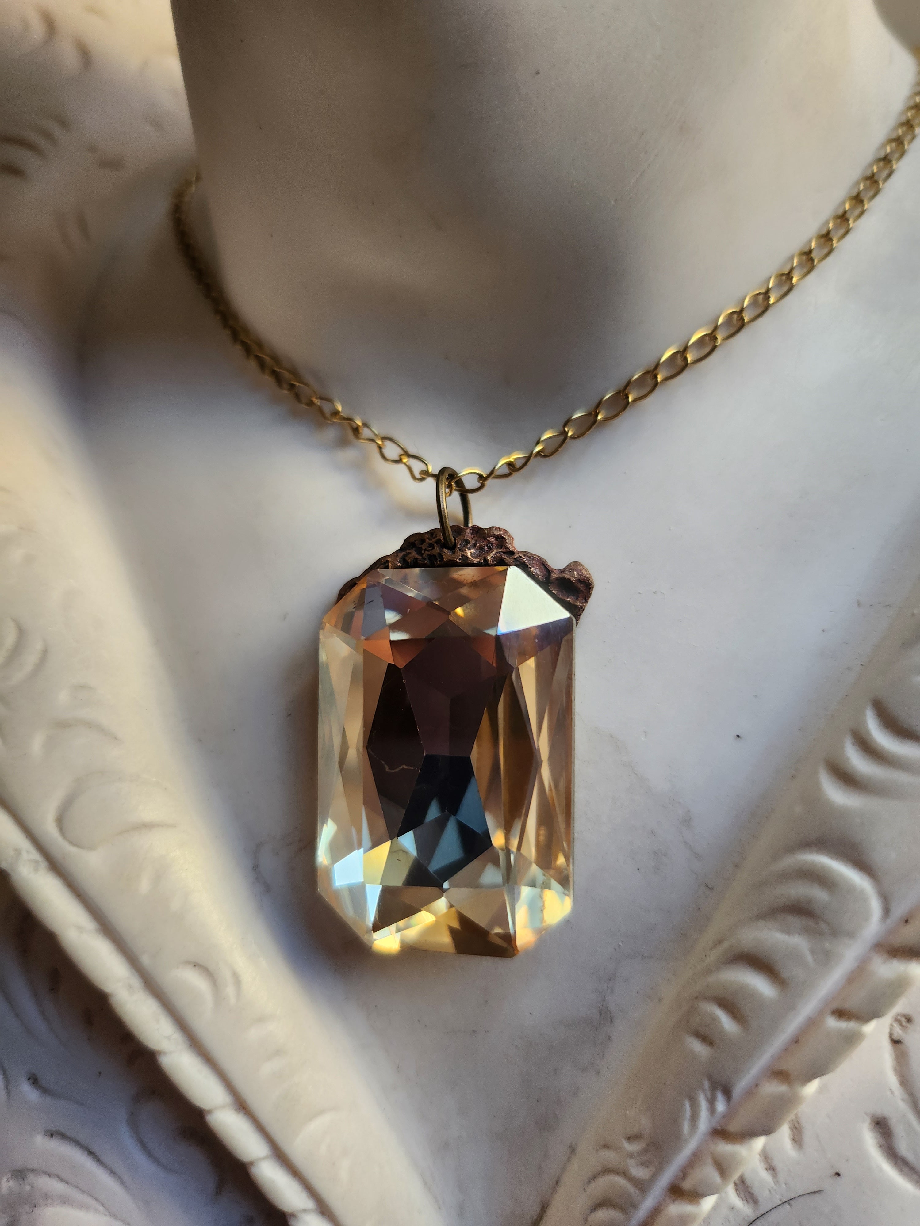 Mystic Baroque Collection – Handmade Bronze Pendant with Light Amber Octagon Crystal