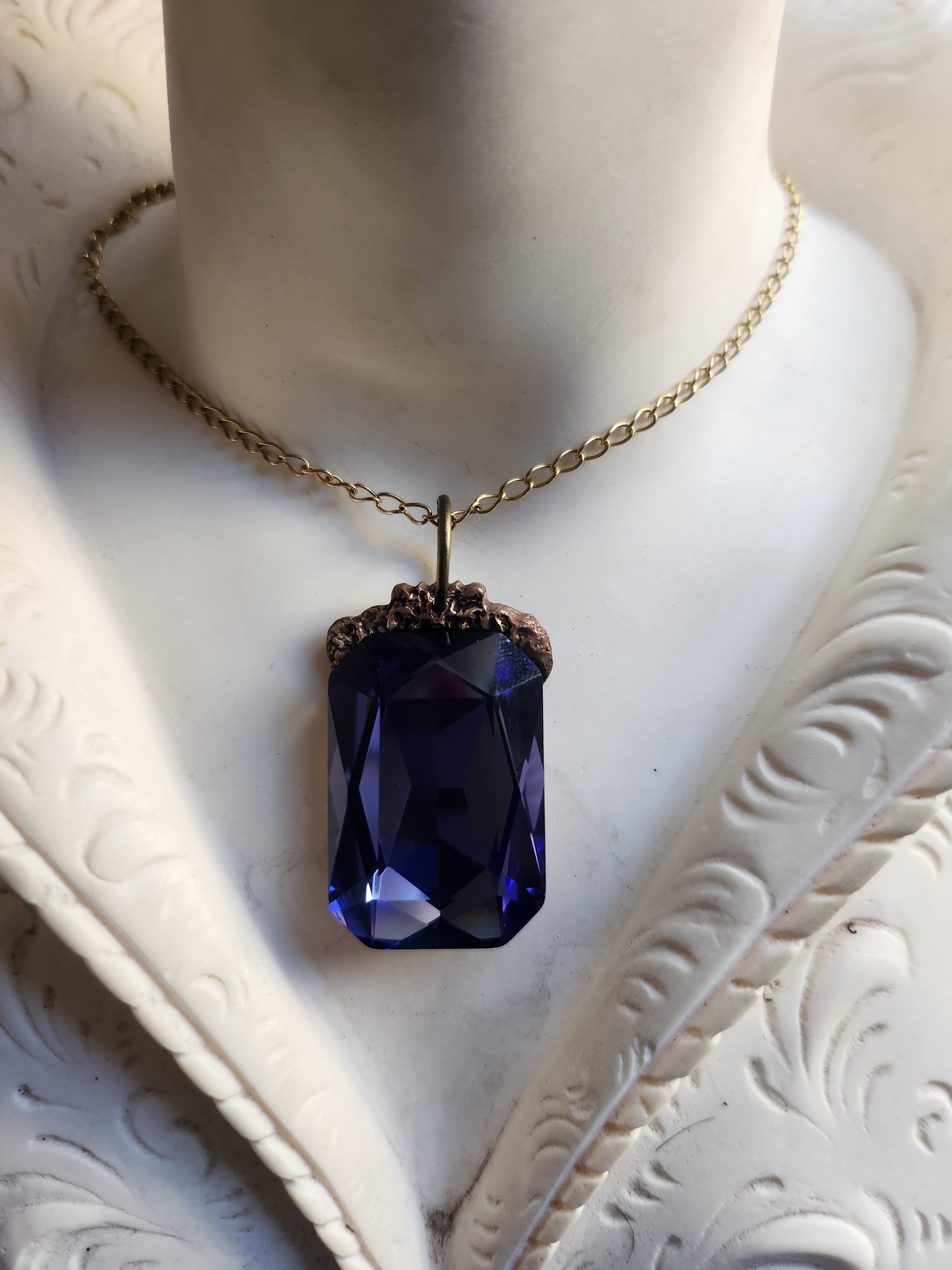 Mystic Baroque Collection – Handmade Bronze Pendant with Tanzanite Octagon Crystal