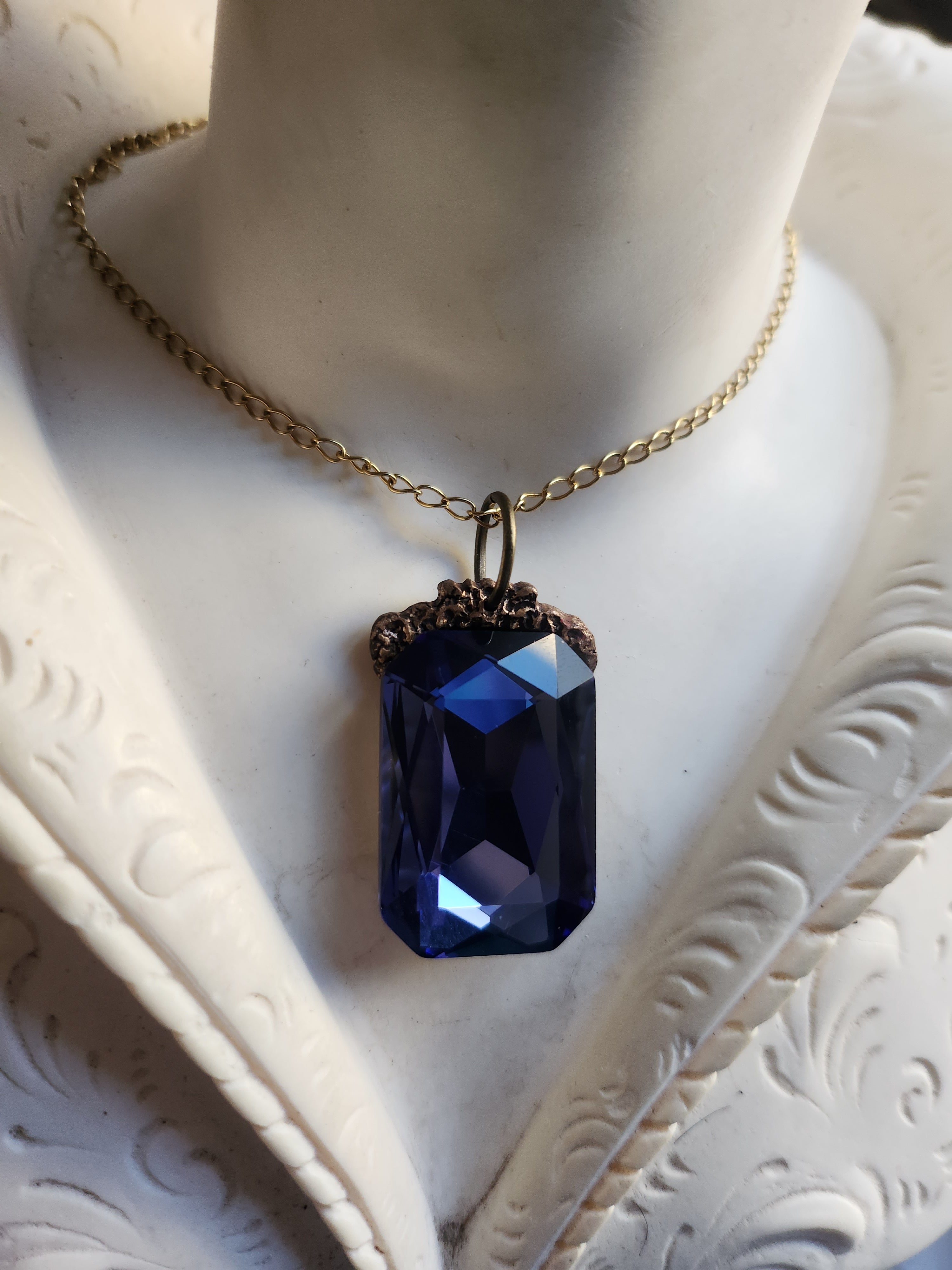 Mystic Baroque Collection – Handmade Bronze Pendant with Tanzanite Octagon Crystal