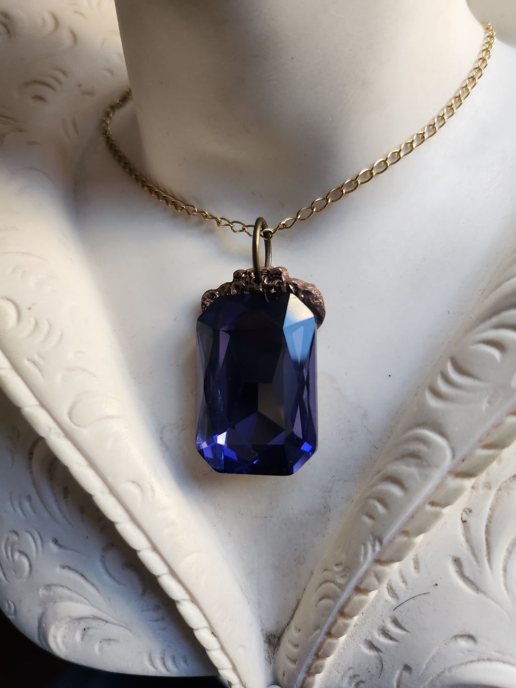Mystic Baroque Collection – Handmade Bronze Pendant with Tanzanite Octagon Crystal