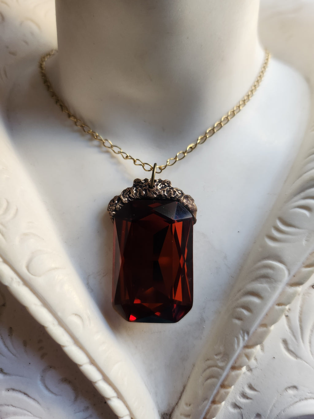 Mystic Baroque Collection – Handmade Bronze Pendant with Intense Amber Octagon Crystal