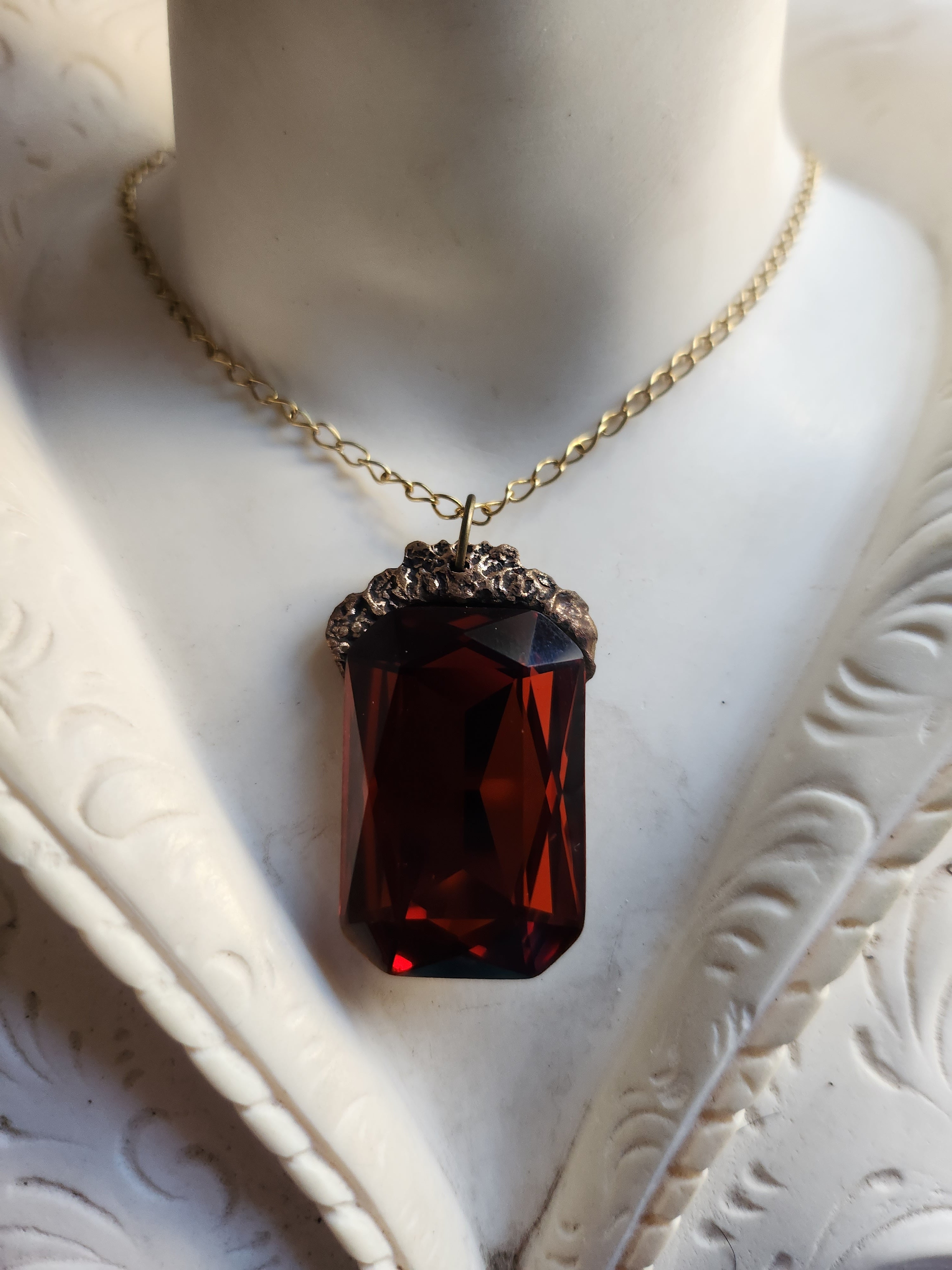 Mystic Baroque Collection – Handmade Bronze Pendant with Intense Amber Octagon Crystal
