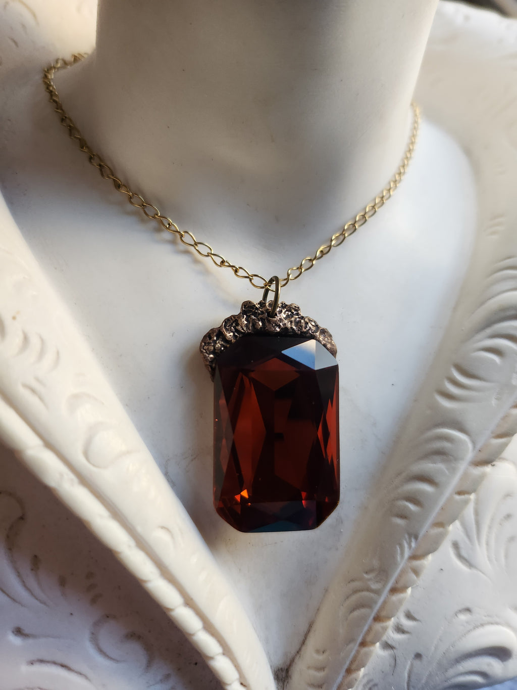Mystic Baroque Collection – Handmade Bronze Pendant with Intense Amber Octagon Crystal