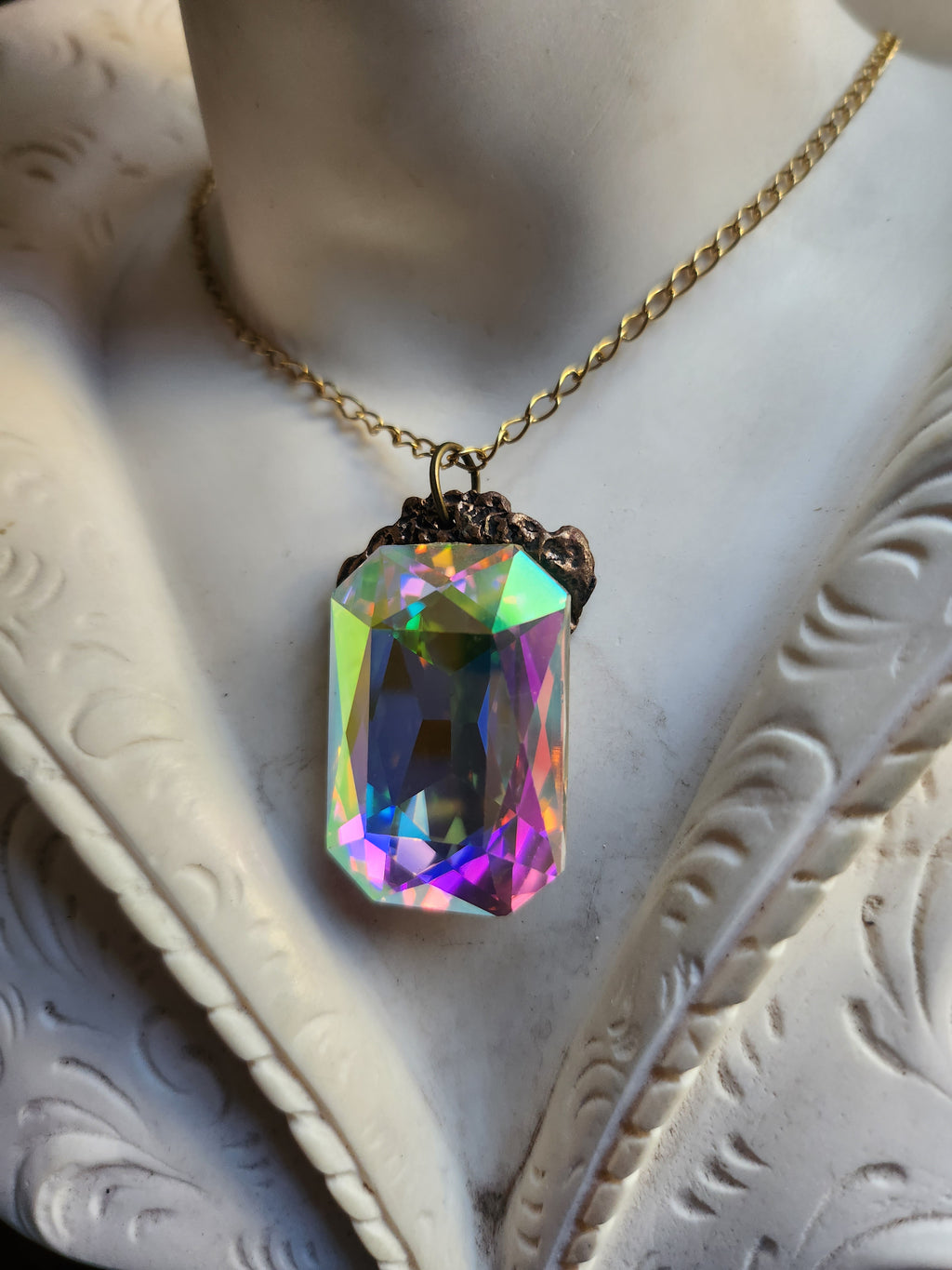 Mystic Baroque Collection – Handmade Bronze Pendant with Iridescent Octagon Crystal