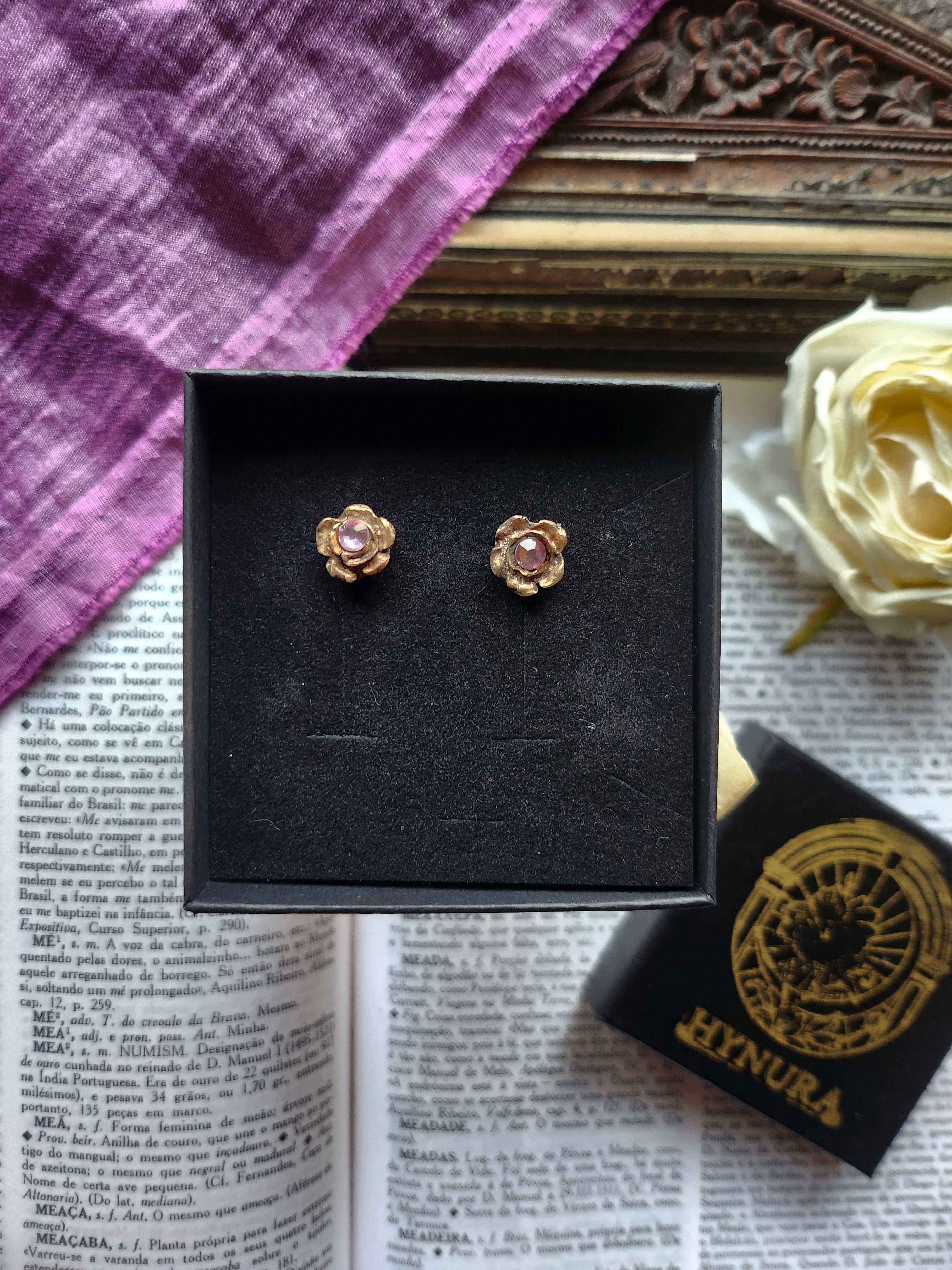 Rosarium Collection - Handmade Bronze Flower Stud Earrings with Light Pink Crystal