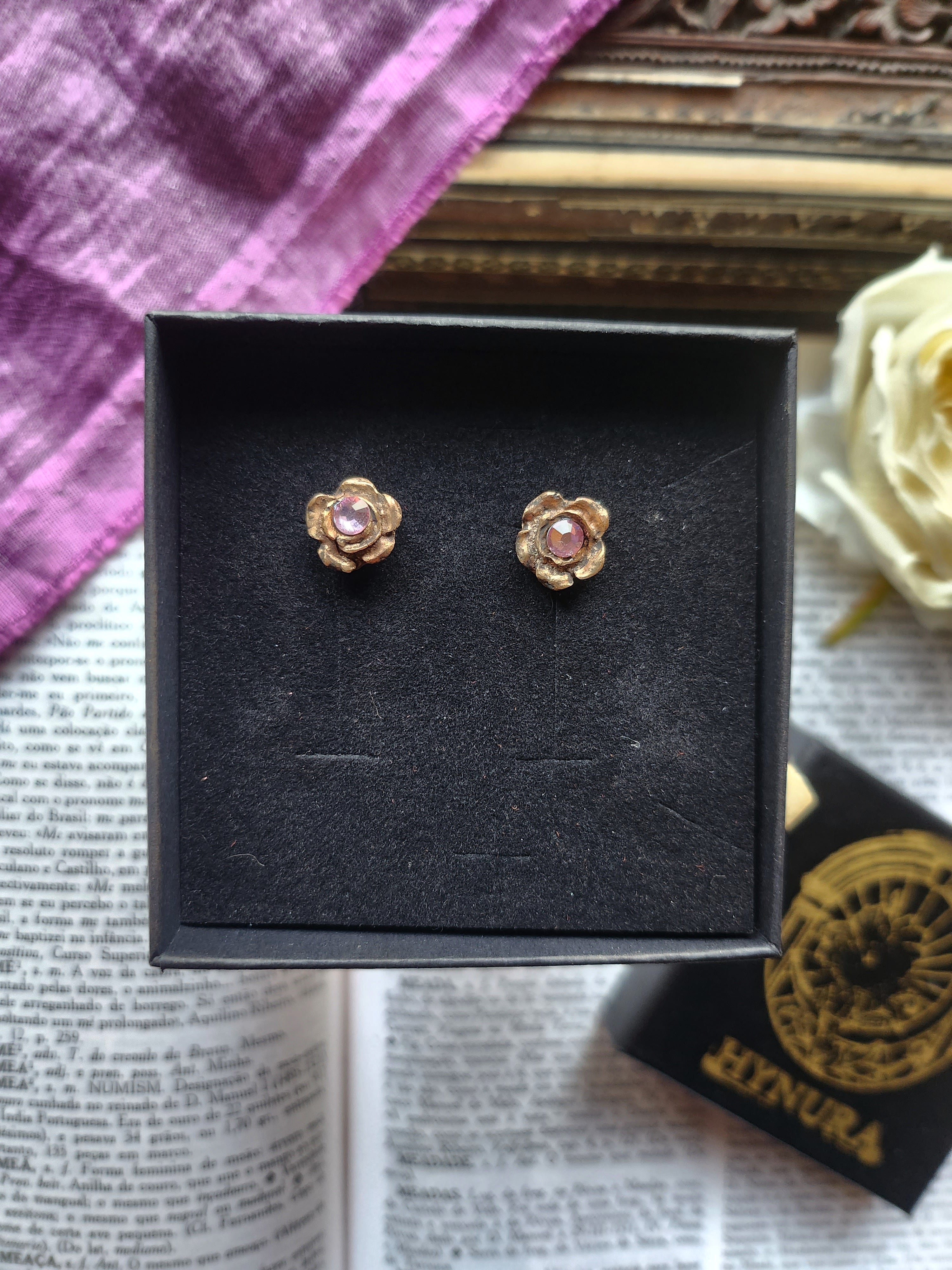 Rosarium Collection - Handmade Bronze Flower Stud Earrings with Light Pink Crystal