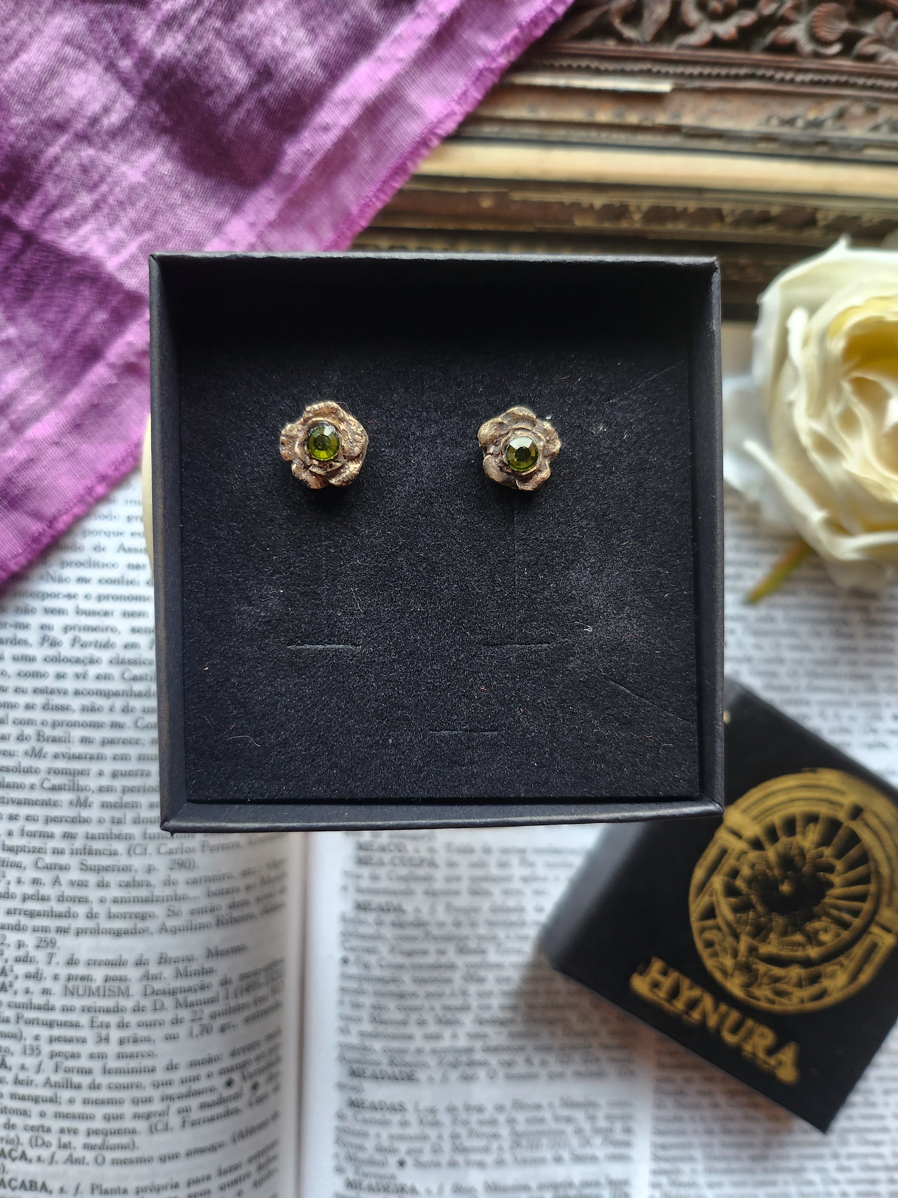 Rosarium Collection - Handmade Bronze Flower Stud Earrings with Green Crystal
