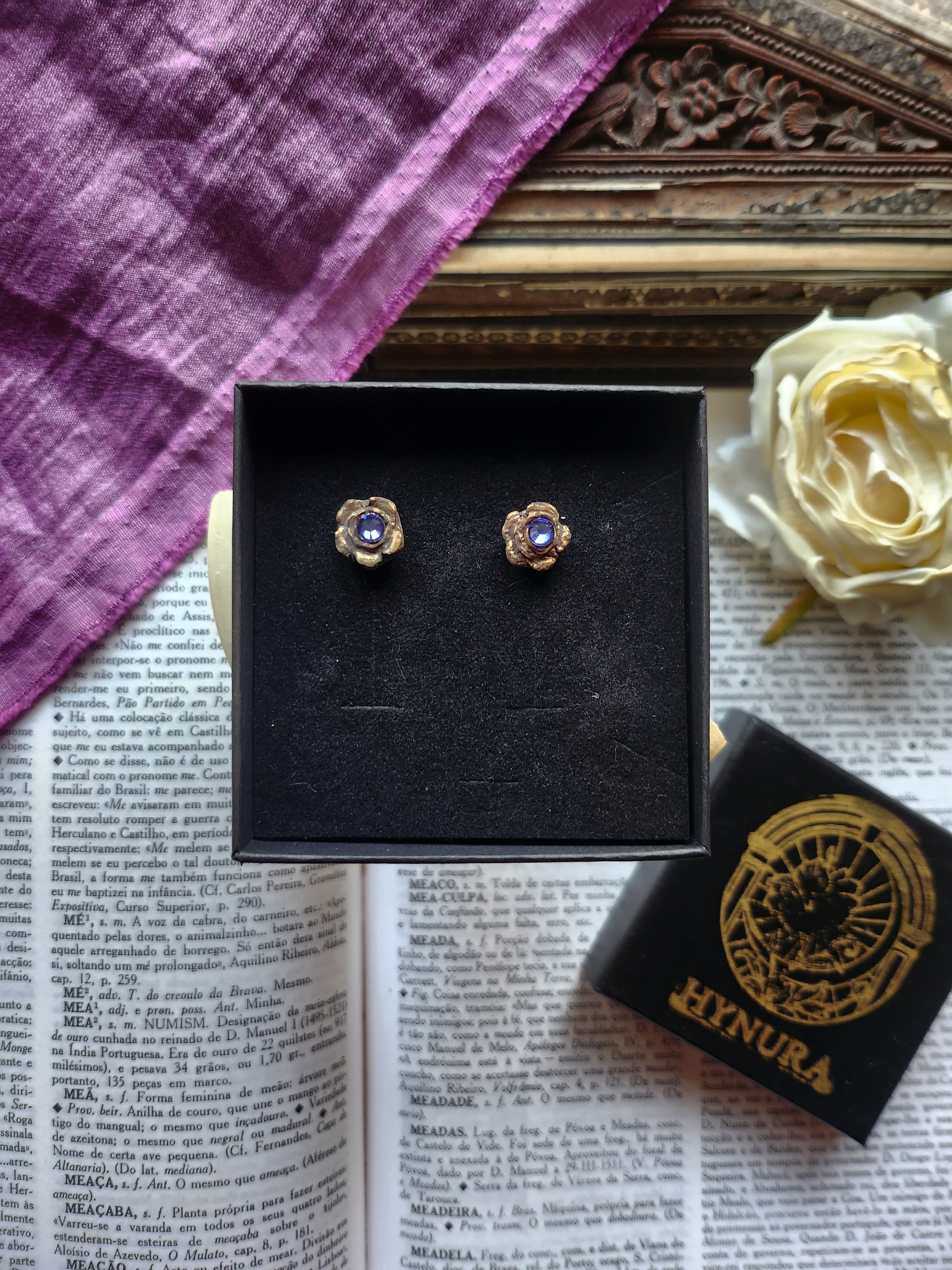 Rosarium Collection - Handmade Bronze Flower Stud Earrings with Lilac Crystal