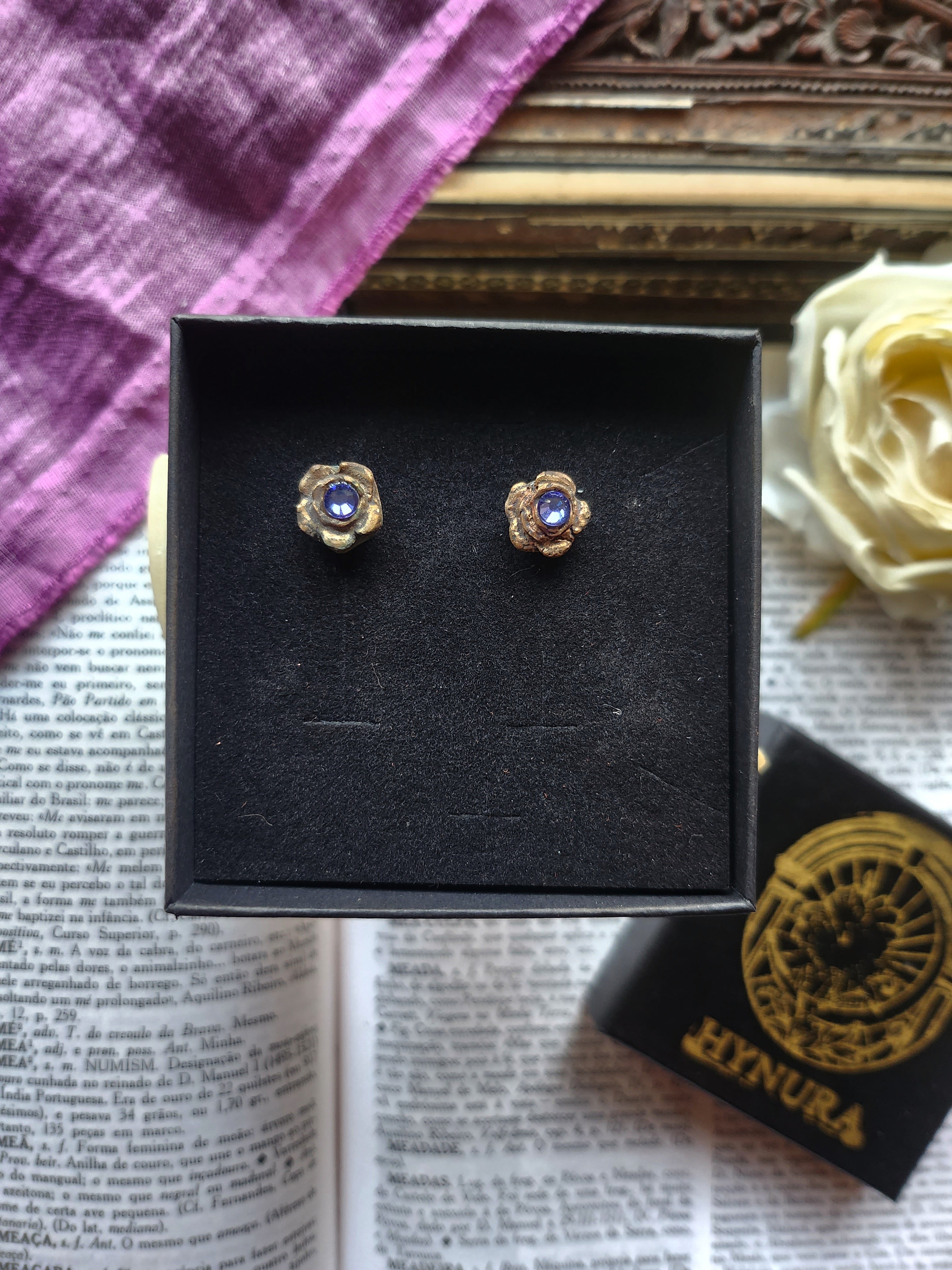 Rosarium Collection - Handmade Bronze Flower Stud Earrings with Lilac Crystal