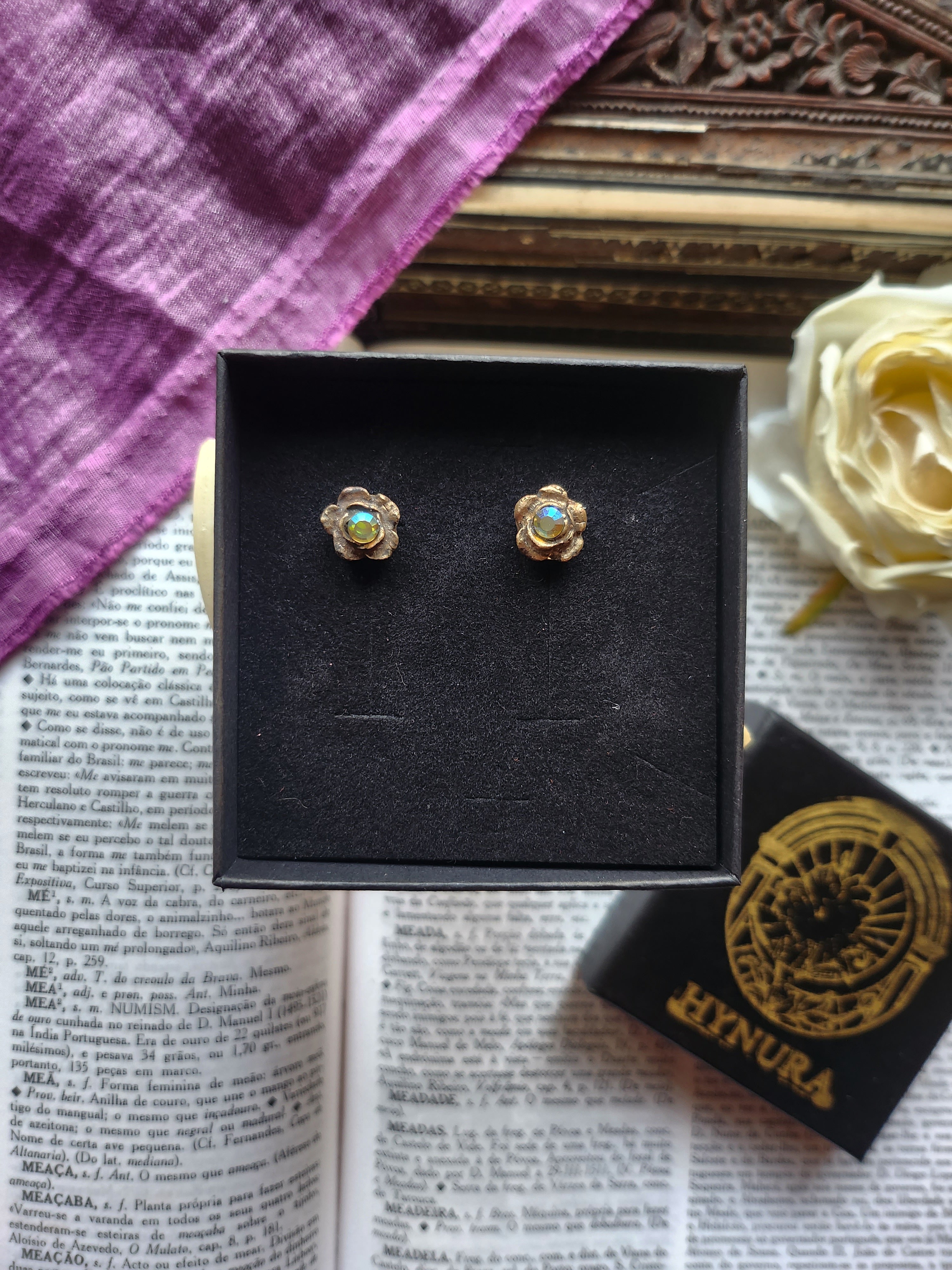 Rosarium Collection - Handmade Bronze Flower Stud Earrings with Yellow Opal Crystal