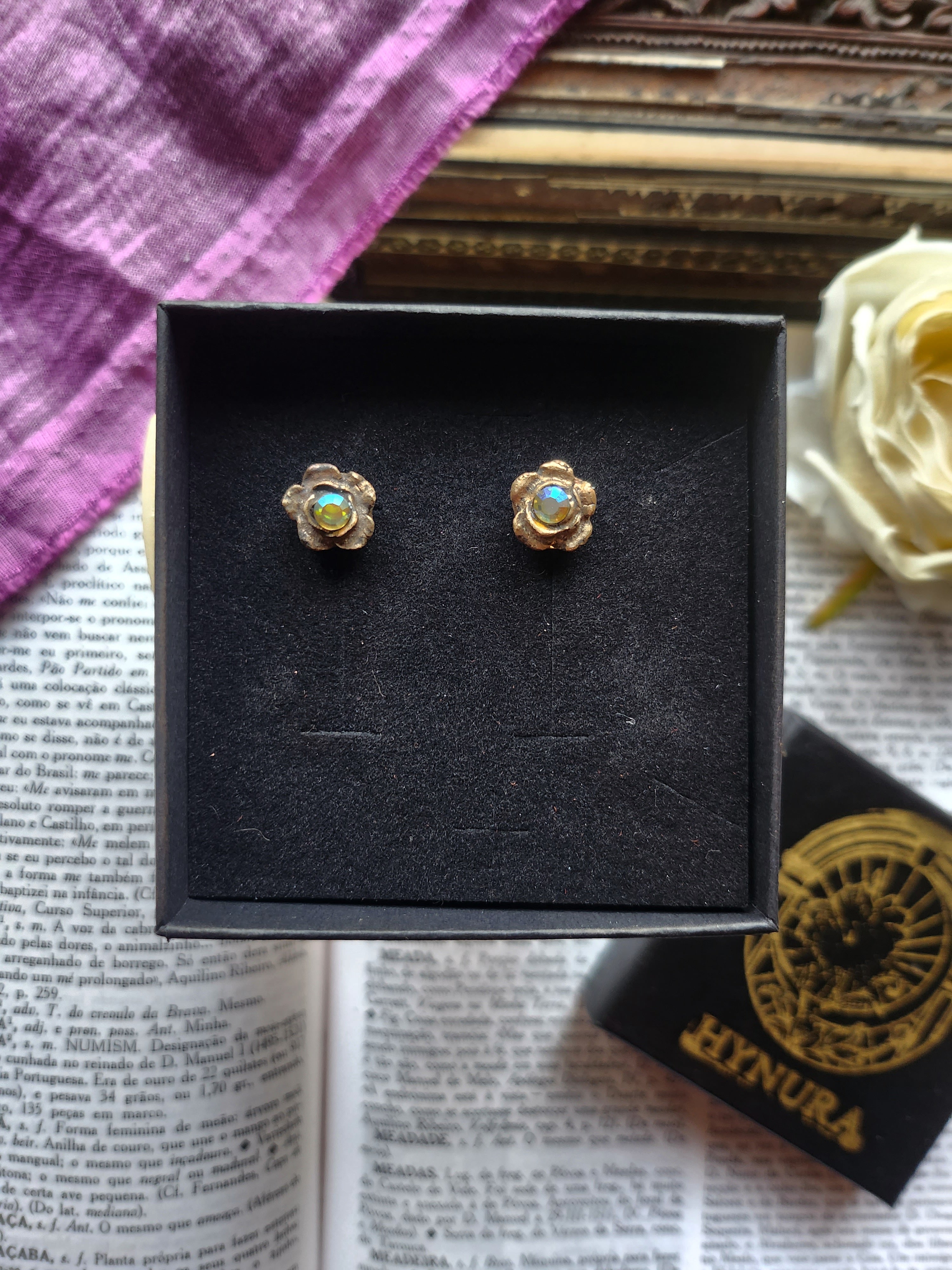 Rosarium Collection - Handmade Bronze Flower Stud Earrings with Yellow Opal Crystal