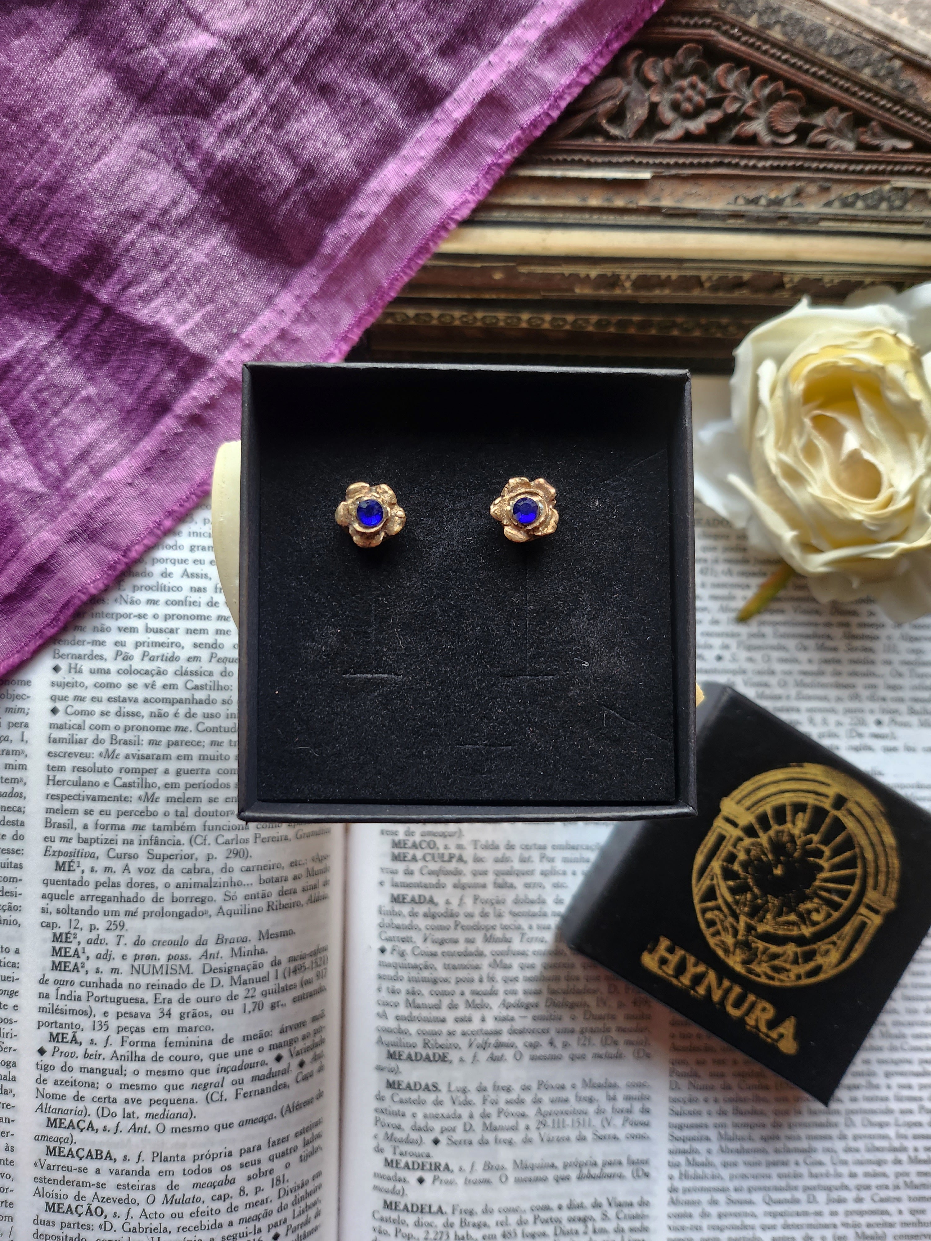 Rosarium Collection - Handmade Bronze Flower Stud Earrings with Royal Blue Crystal