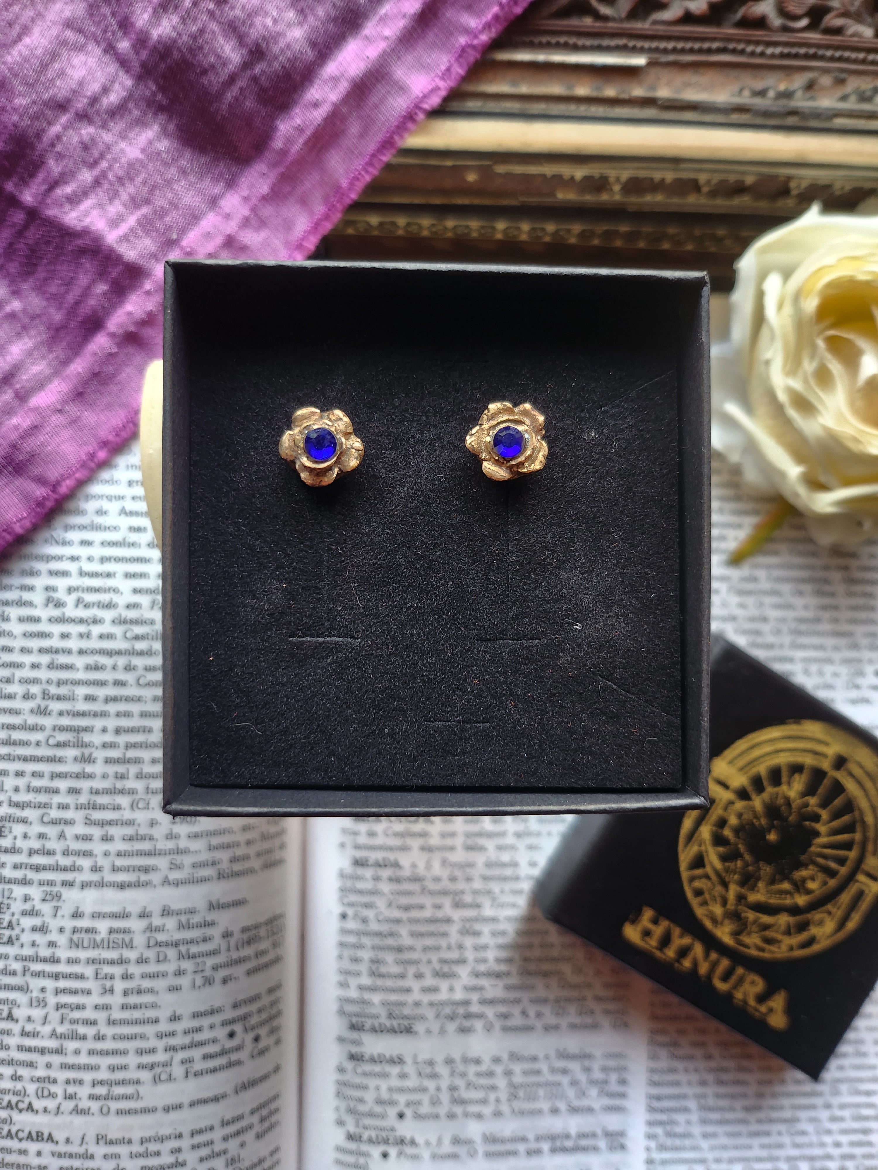 Rosarium Collection - Handmade Bronze Flower Stud Earrings with Royal Blue Crystal
