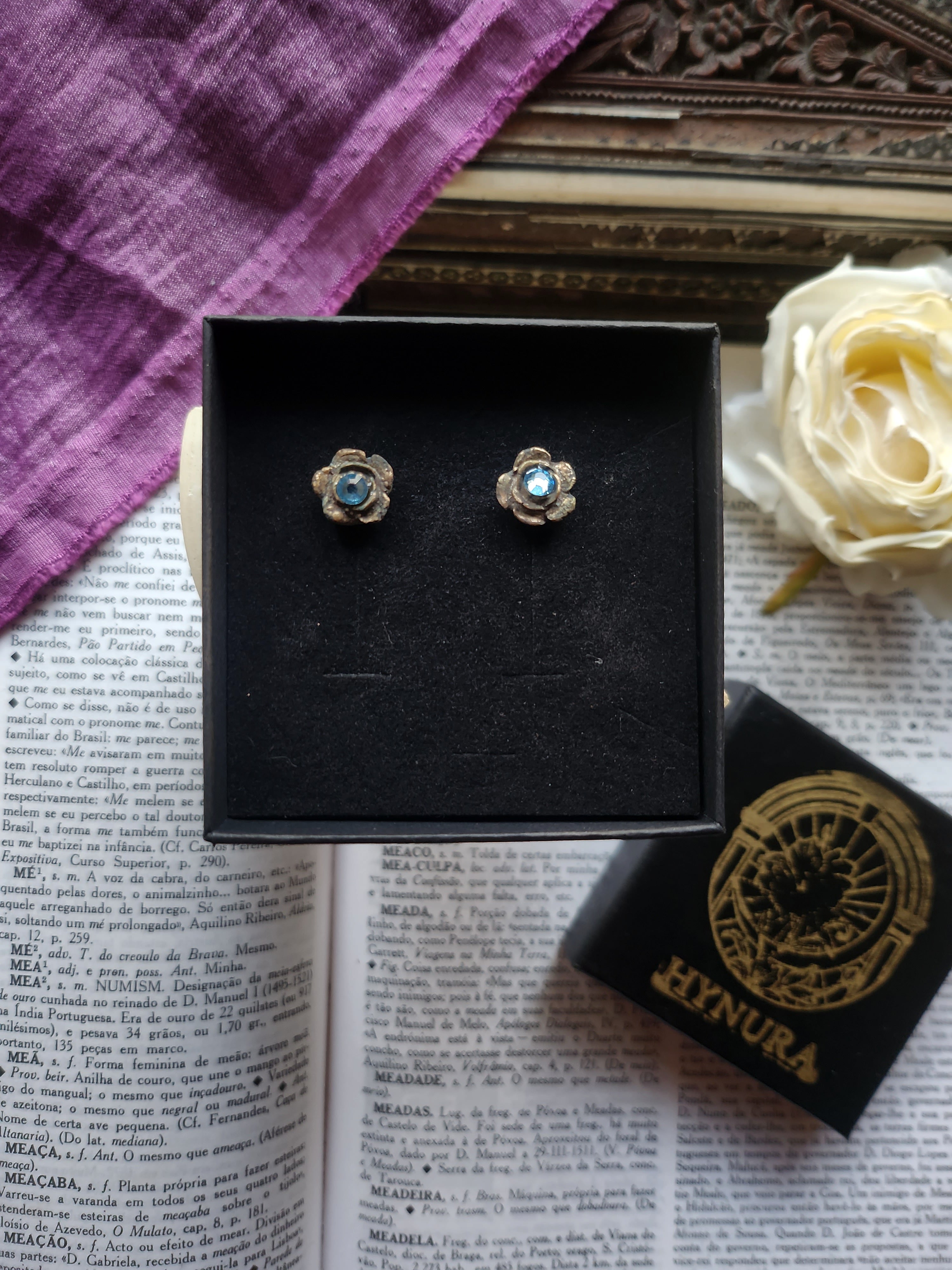 Rosarium Collection - Handmade Bronze Flower Stud Earrings with Light Blue Crystal