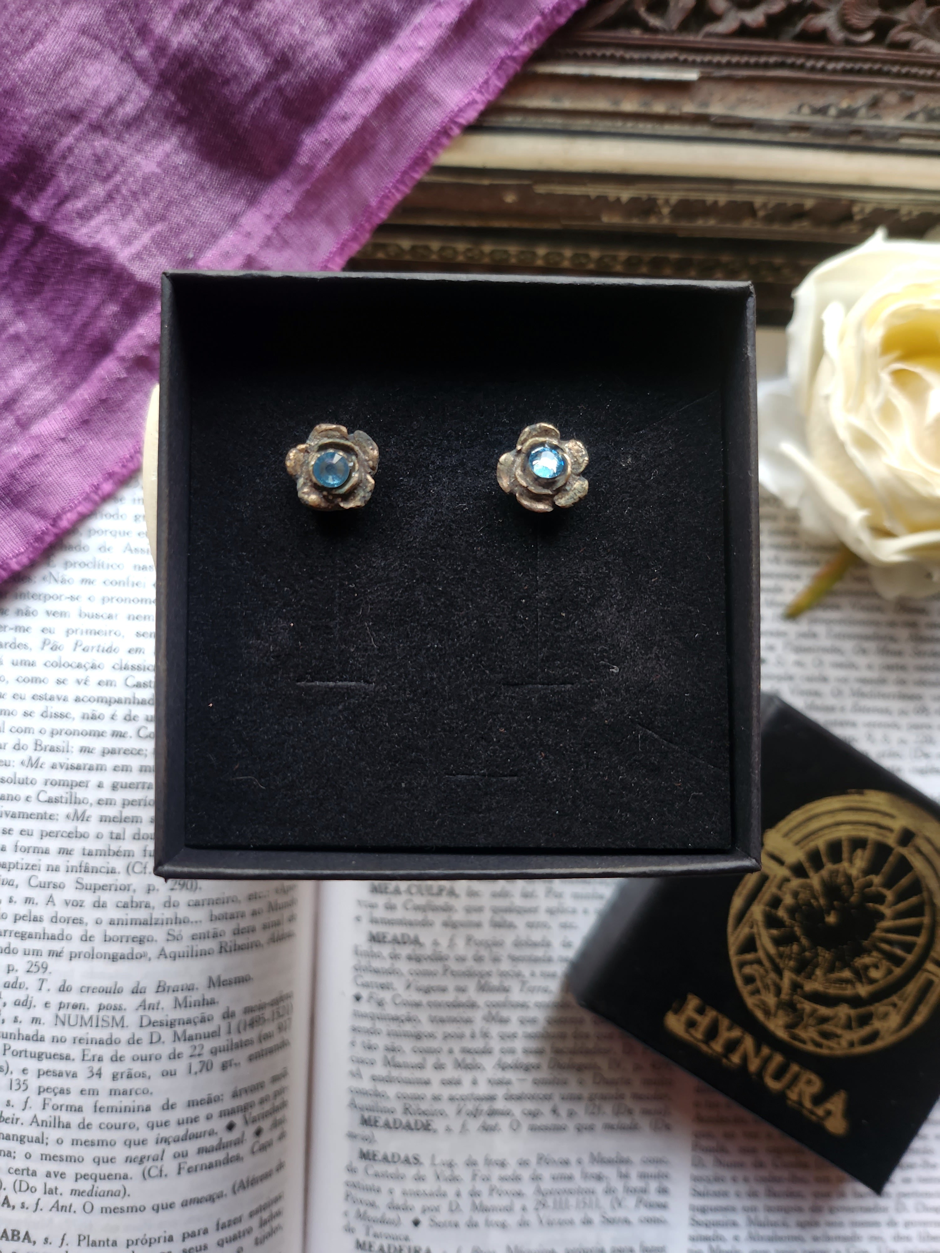 Rosarium Collection - Handmade Bronze Flower Stud Earrings with Light Blue Crystal