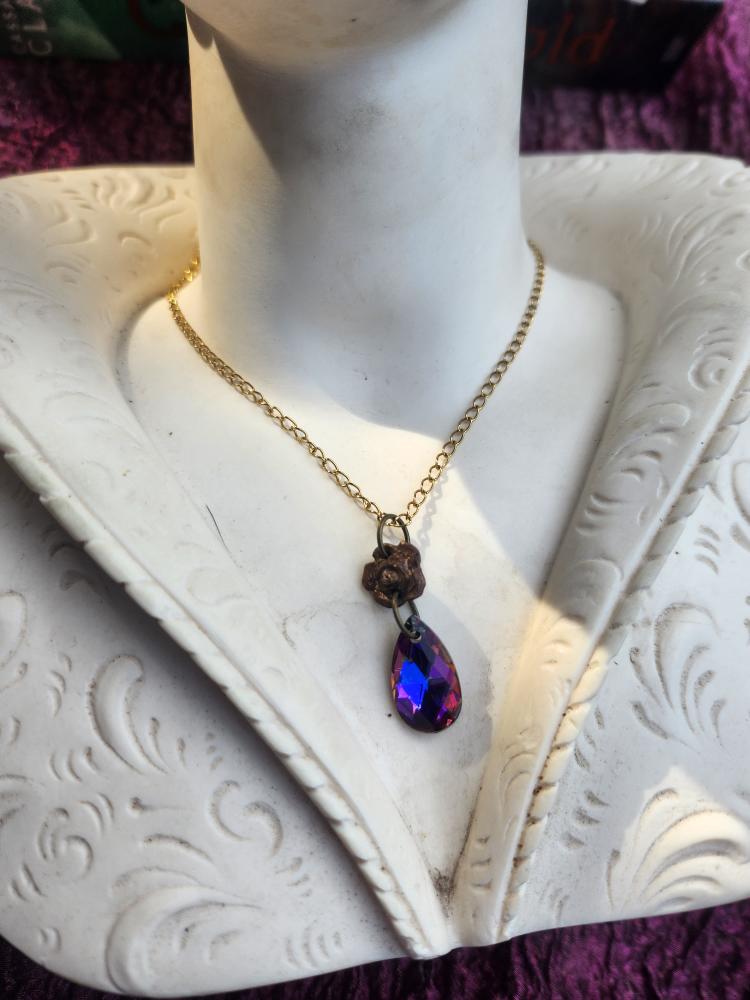 Rosarium Collection Collection - Handmade Bronze Rose Pendant with Fuchsia Crystal