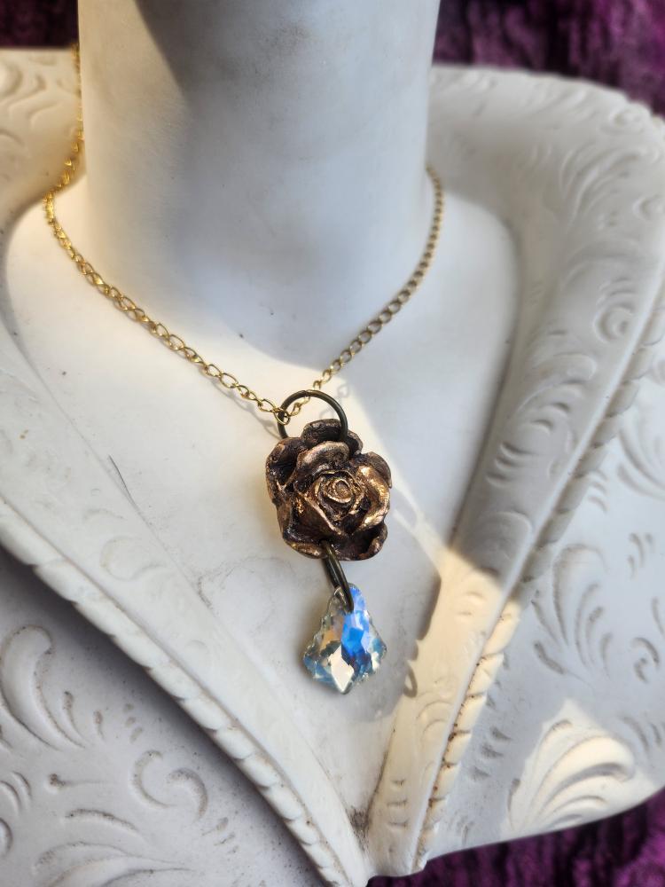 Rosarium Collection Collection - Handmade Bronze Rose Pendant with Opal Crystal