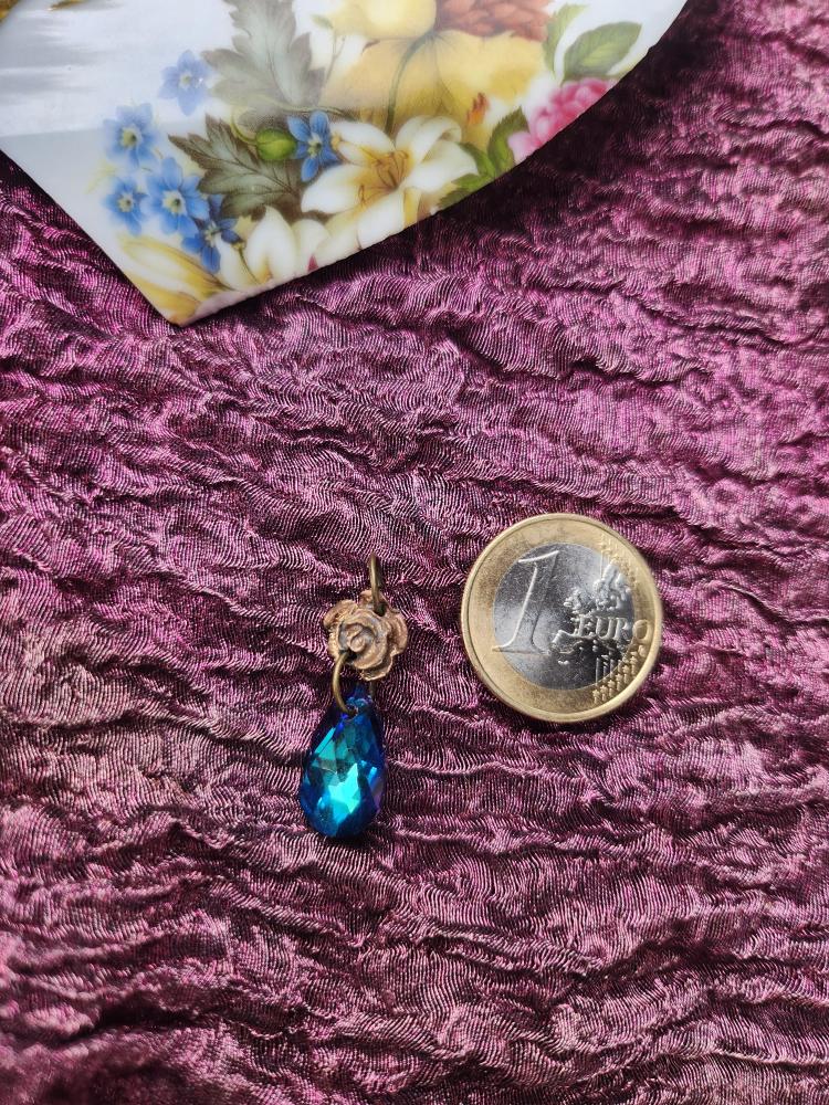 Rosarium Collection Collection - Handmade Bronze Small Rose Pendant with Blue Crystal