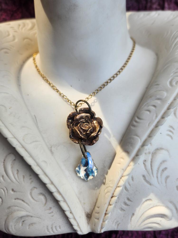 Rosarium Collection Collection - Handmade Bronze Rose Pendant with Opal Crystal