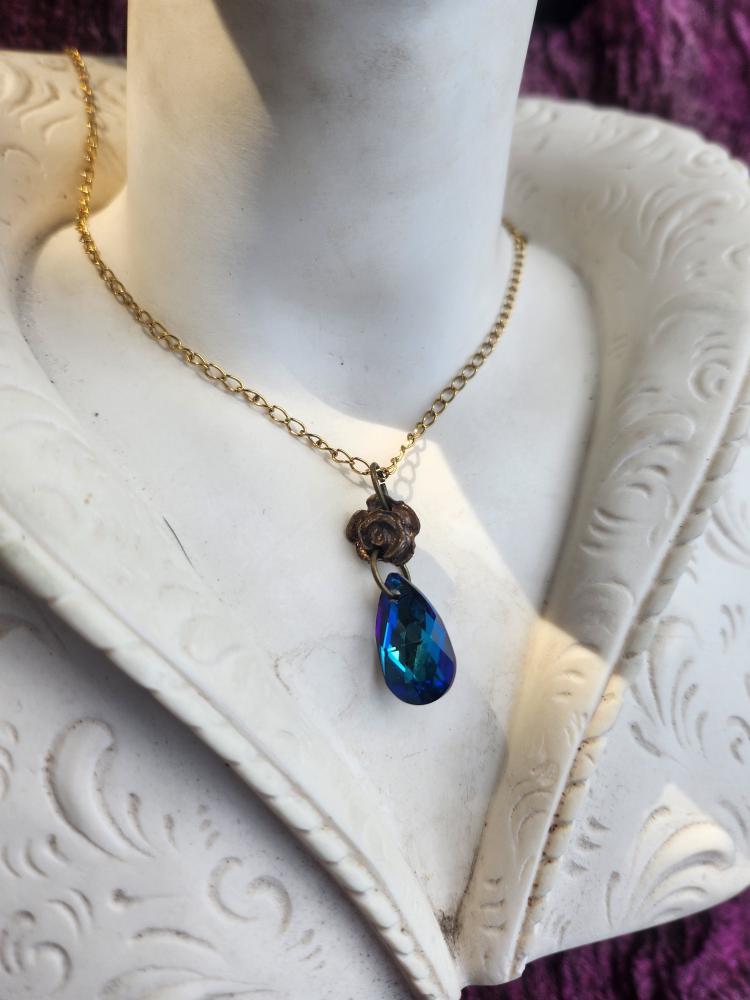 Rosarium Collection Collection - Handmade Bronze Small Rose Pendant with Blue Crystal