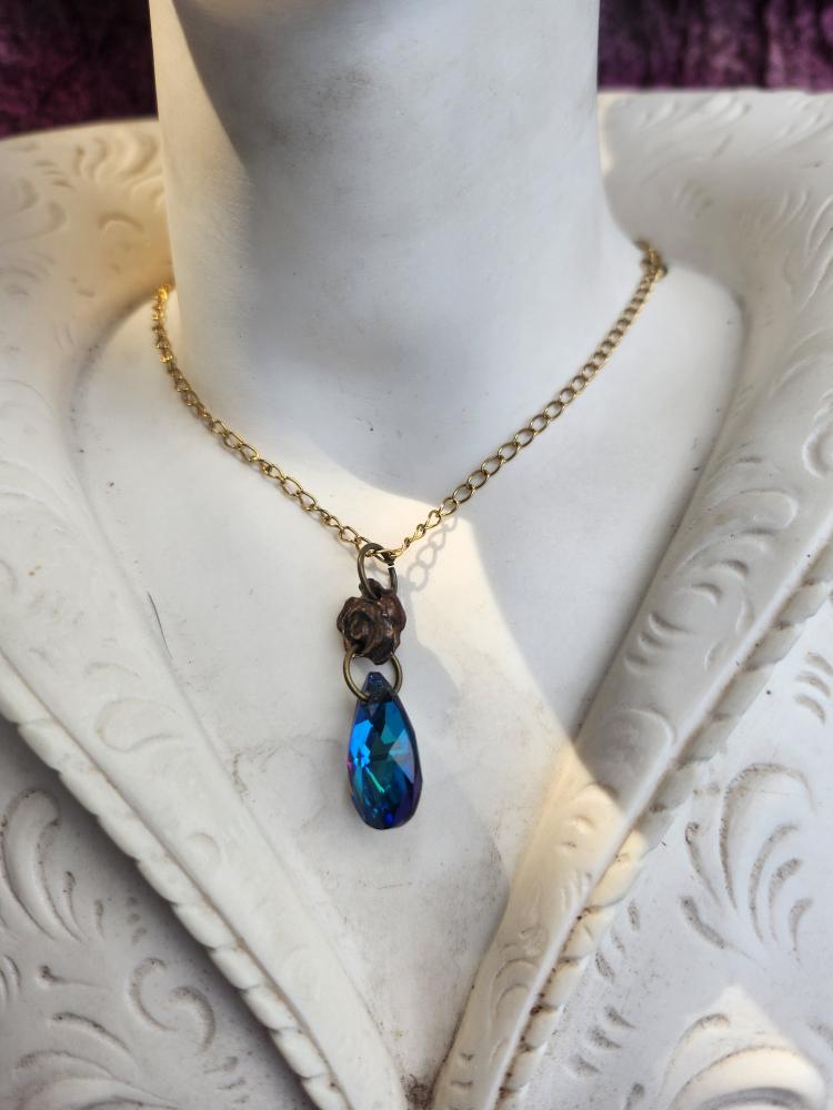 Rosarium Collection Collection - Handmade Bronze Small Rose Pendant with Blue Crystal
